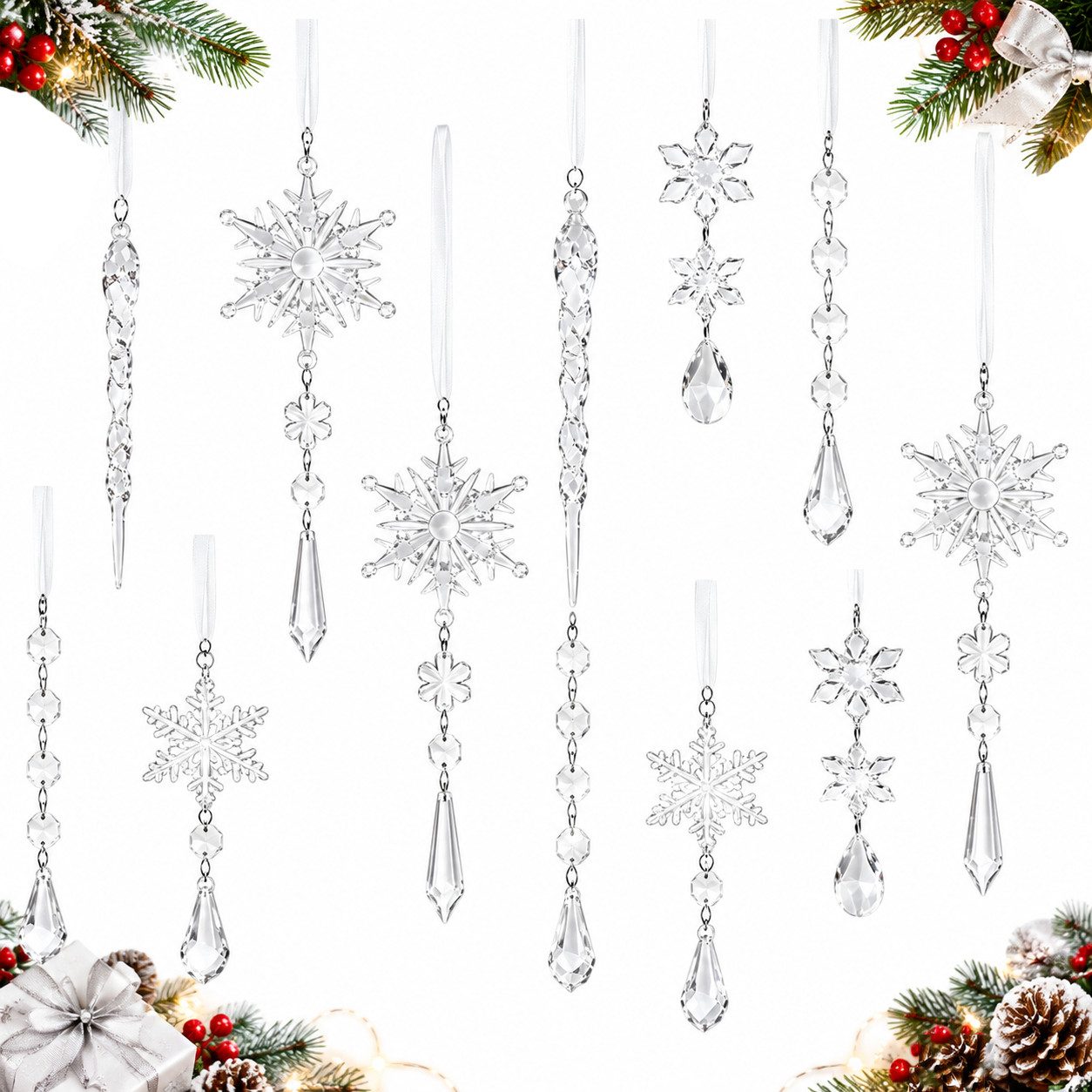 Bomiclss Christbaumschmuck Acryl Schneeflocken Eiszapfen Tropfen Hängedekoration (18-tlg), Ornamente für Weihnachtsbaum Winterfest und Party Deko