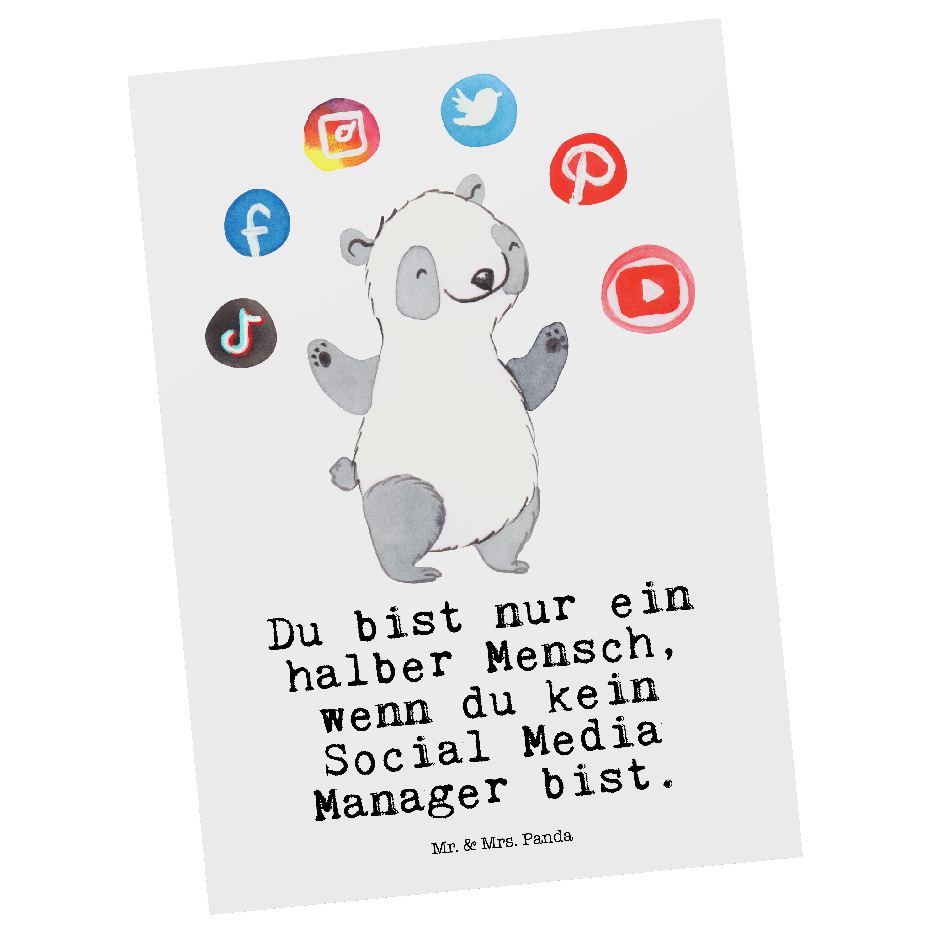 Mr. & Mrs. Panda Postkarte Social Media Manager mit Herz - Weiß - Geschenk, Danke, Geburtstagska