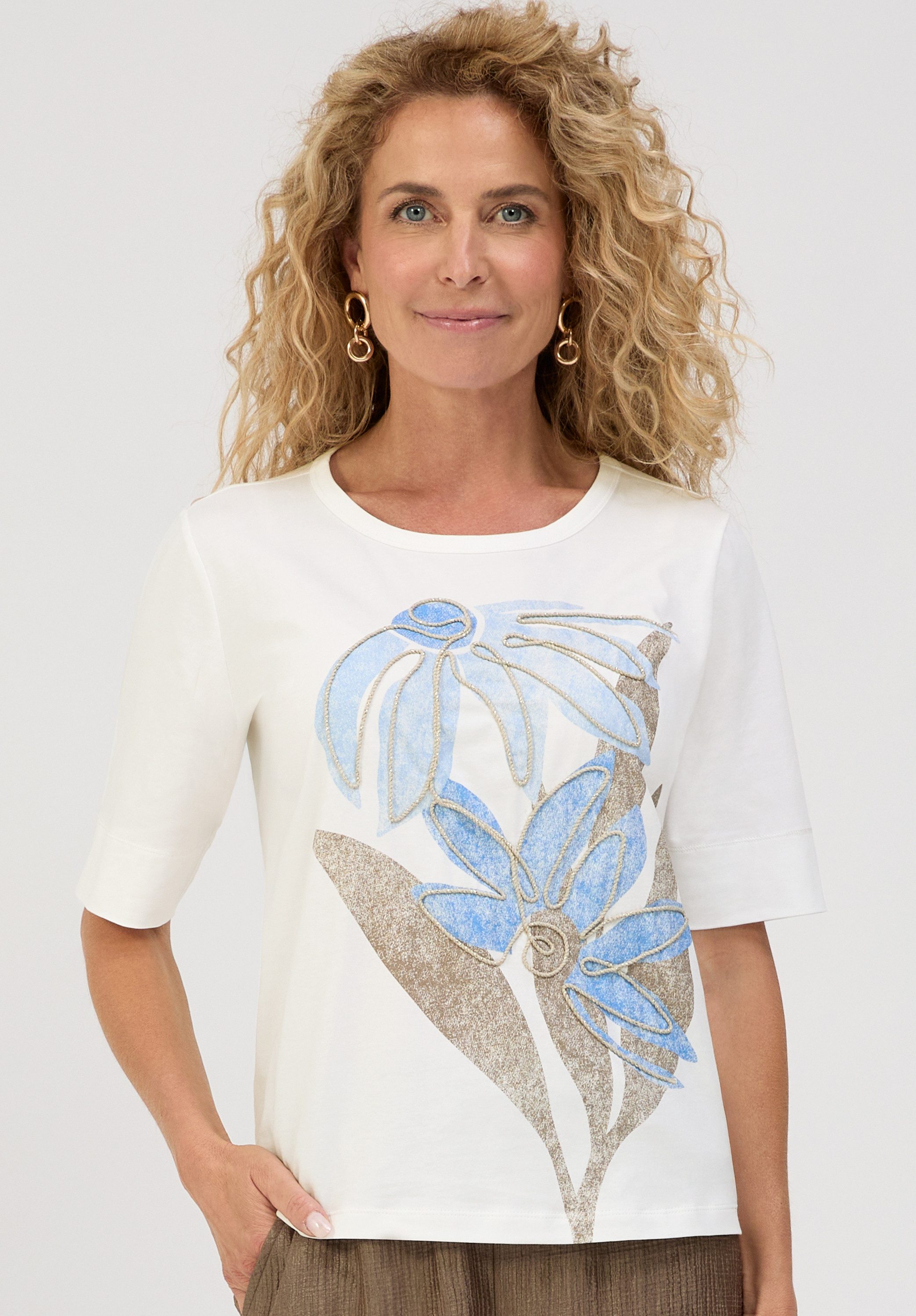 bianca Print-Shirt DINIA mit farbigem Frontmotiv und Kordelapplikation