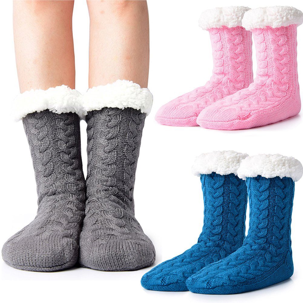 LYDMN Langsocken 3 Paar Damen Warme Pantoffel Socken Weihnachten Fuzzy Socken Rutschfeste Pantoffel Socken,Hüttensocken Haussocken