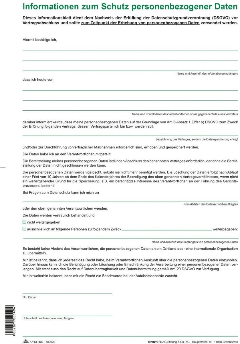 RNK Verlag Formularblock Informationsblatt -Informationen zum Schutz personenbezogener Daten A4