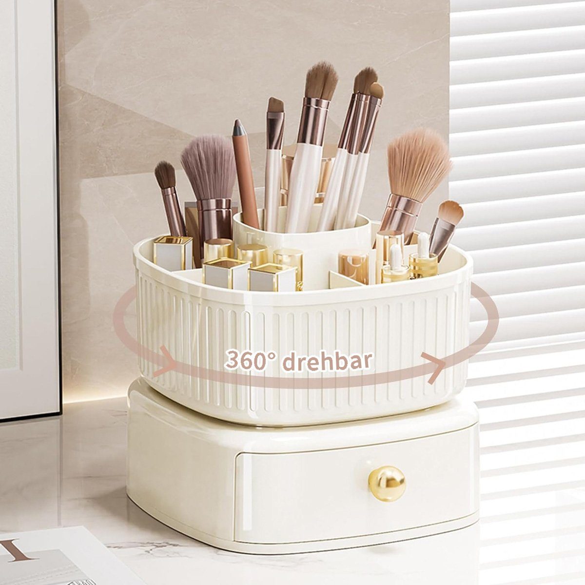 götäzer Make-Up Organizer Leichte Luxus-Kosmetik-Aufbewahrungsbox, 360° drehbare Bürsten-Aufbewahrungsbox mit Schublade Gelb