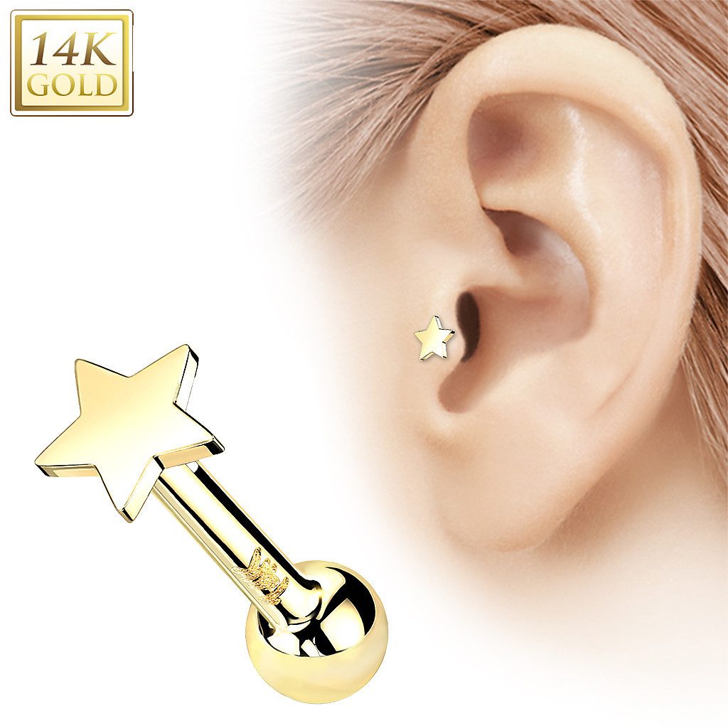Taffstyle Piercing-Set 14K Gold Tragus Stern Aufsatz ohne Gewinde Gelbgold 1,2mm x 6mm x 4mm (Ohr Tragus Helix Lobe Daith Conch Orbital Snug Ohrring Piercing),  – Bild 3 von 4