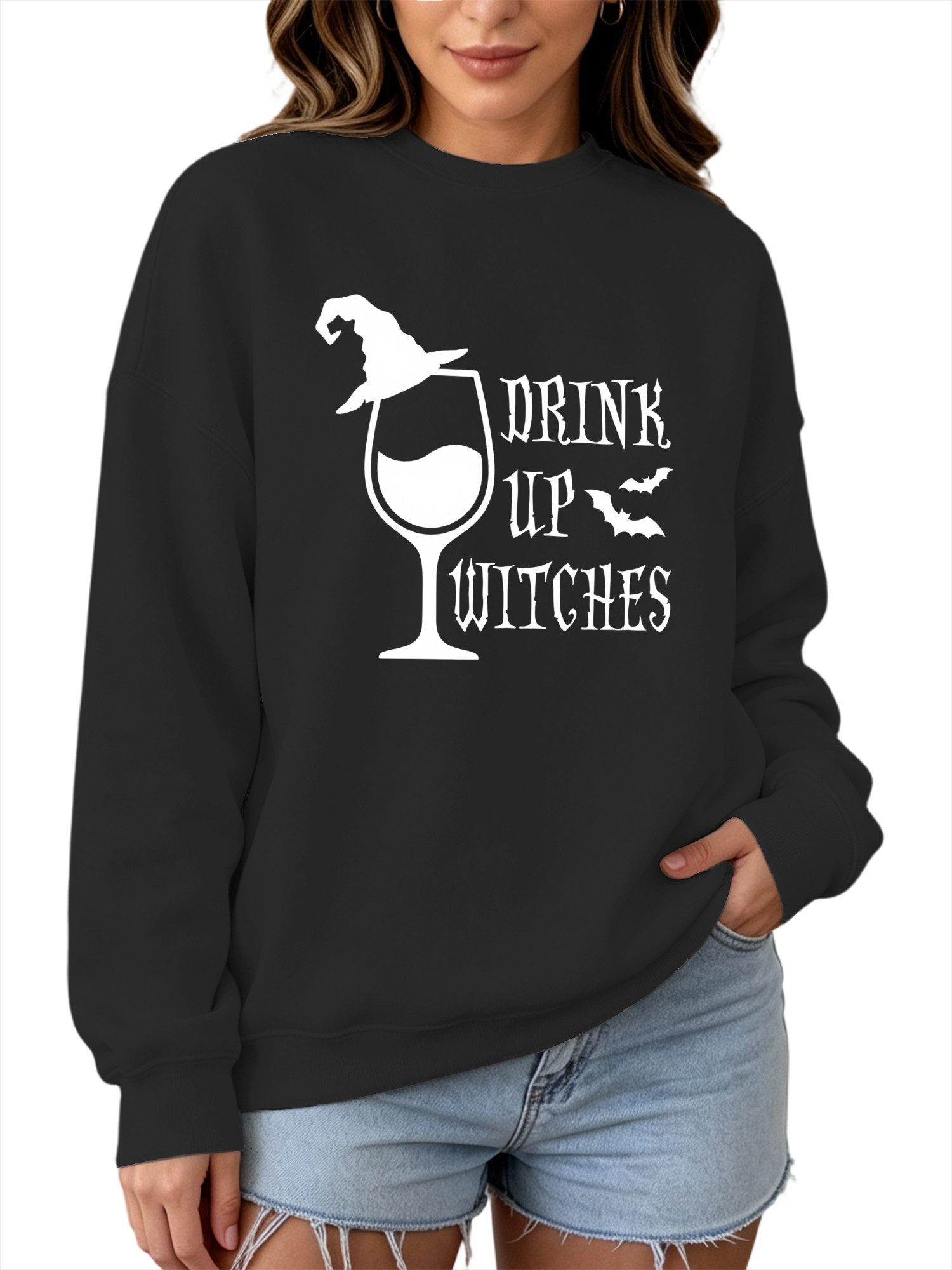 PYLIKE Fleecepullover Damen Halloween Sweatshirts mit Druck,Langarm Lose Pullover Top