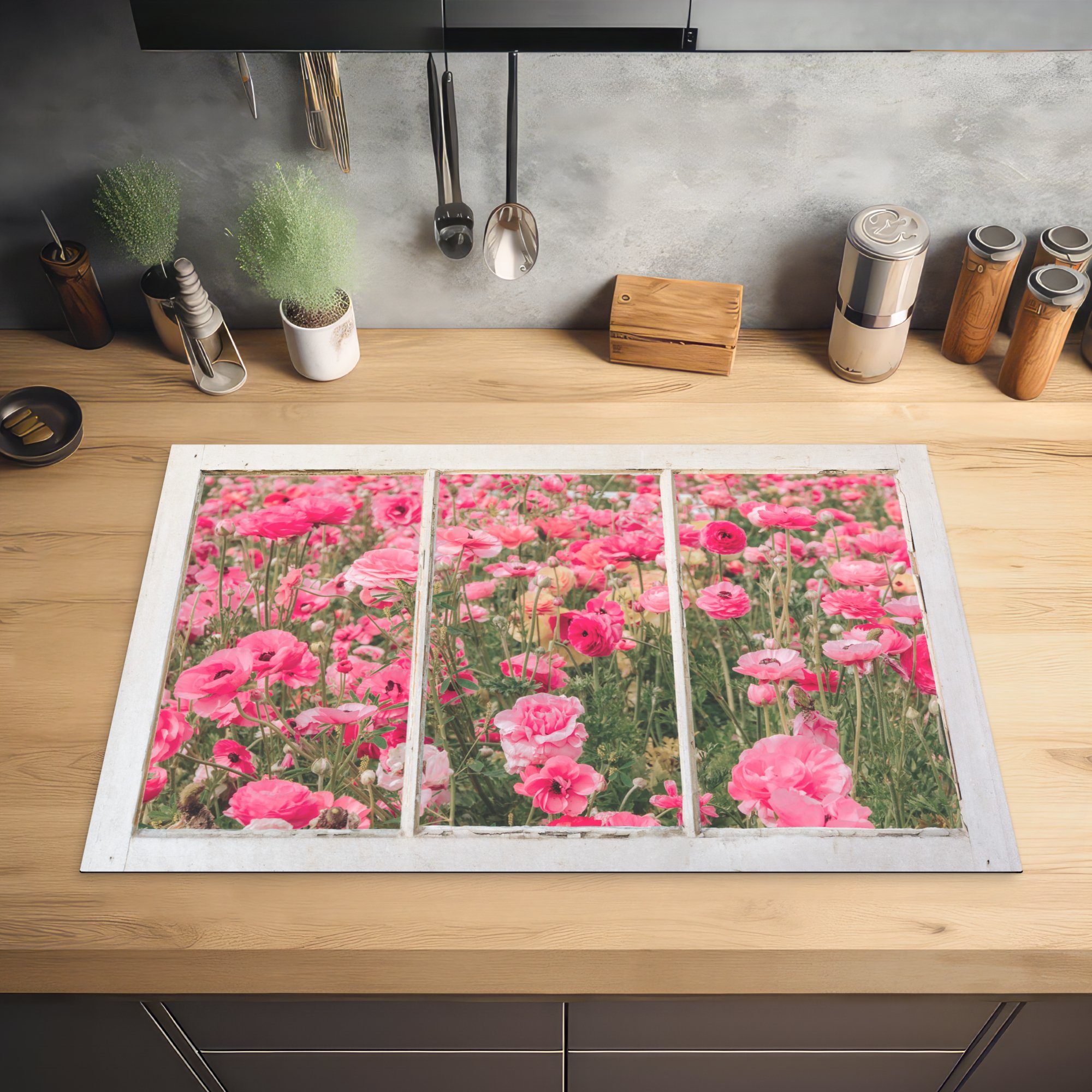 - cm, (1 Herdblende-/Abdeckplatte für küche, Induktionskochfeld tlg), Ceranfeldabdeckung Vinyl, Rosa, die - Durchsichtig 81x52 Blumen MuchoWow Schutz