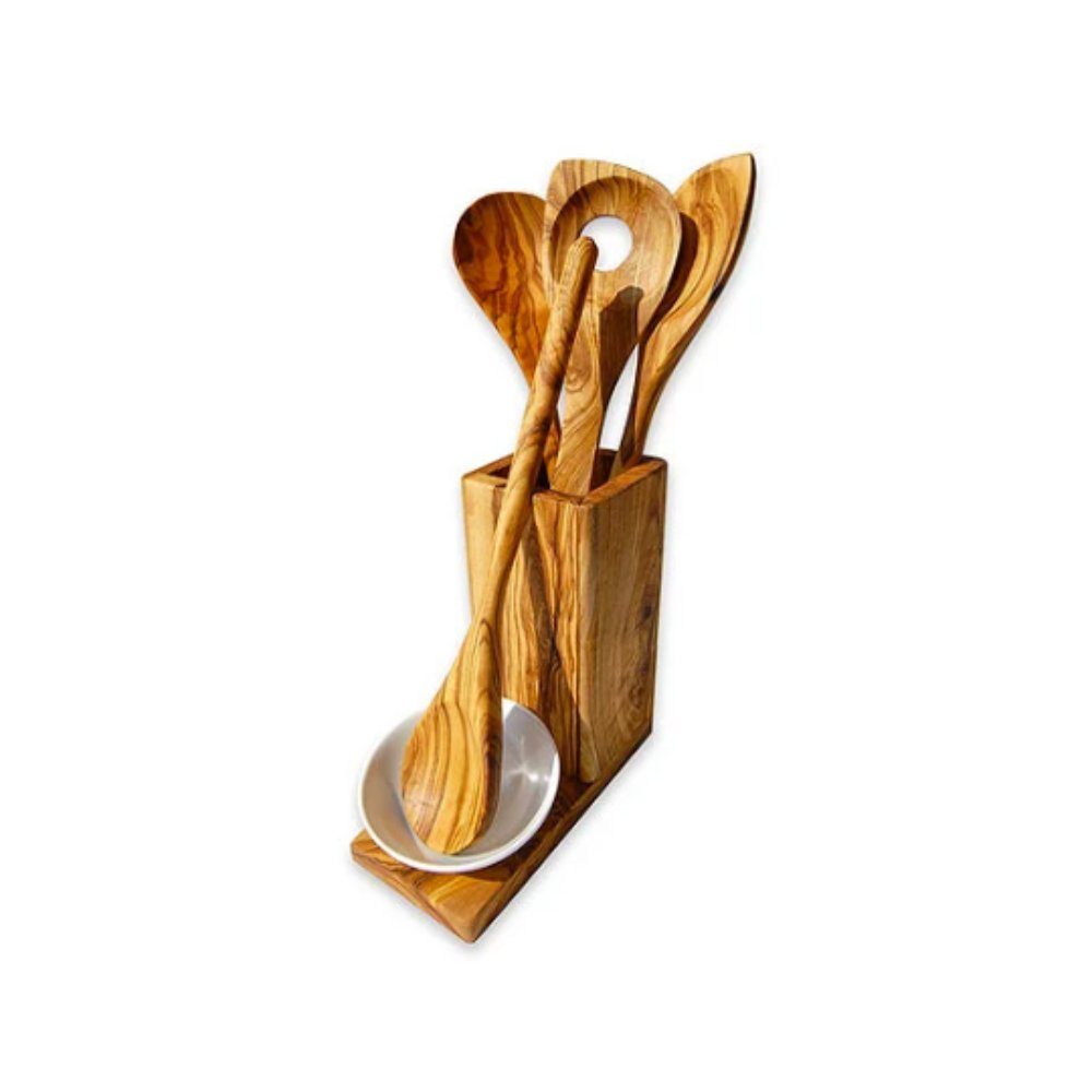 Olivenholz-erleben Kochlöffelhalter ALL-IN Küchen-Set aus Olivenholz – Kochlöffel immer griffbereit, (Set, 2-tlg), Praktische Utensilienbox mit Ablageschälchen – Komfort in der Küche
