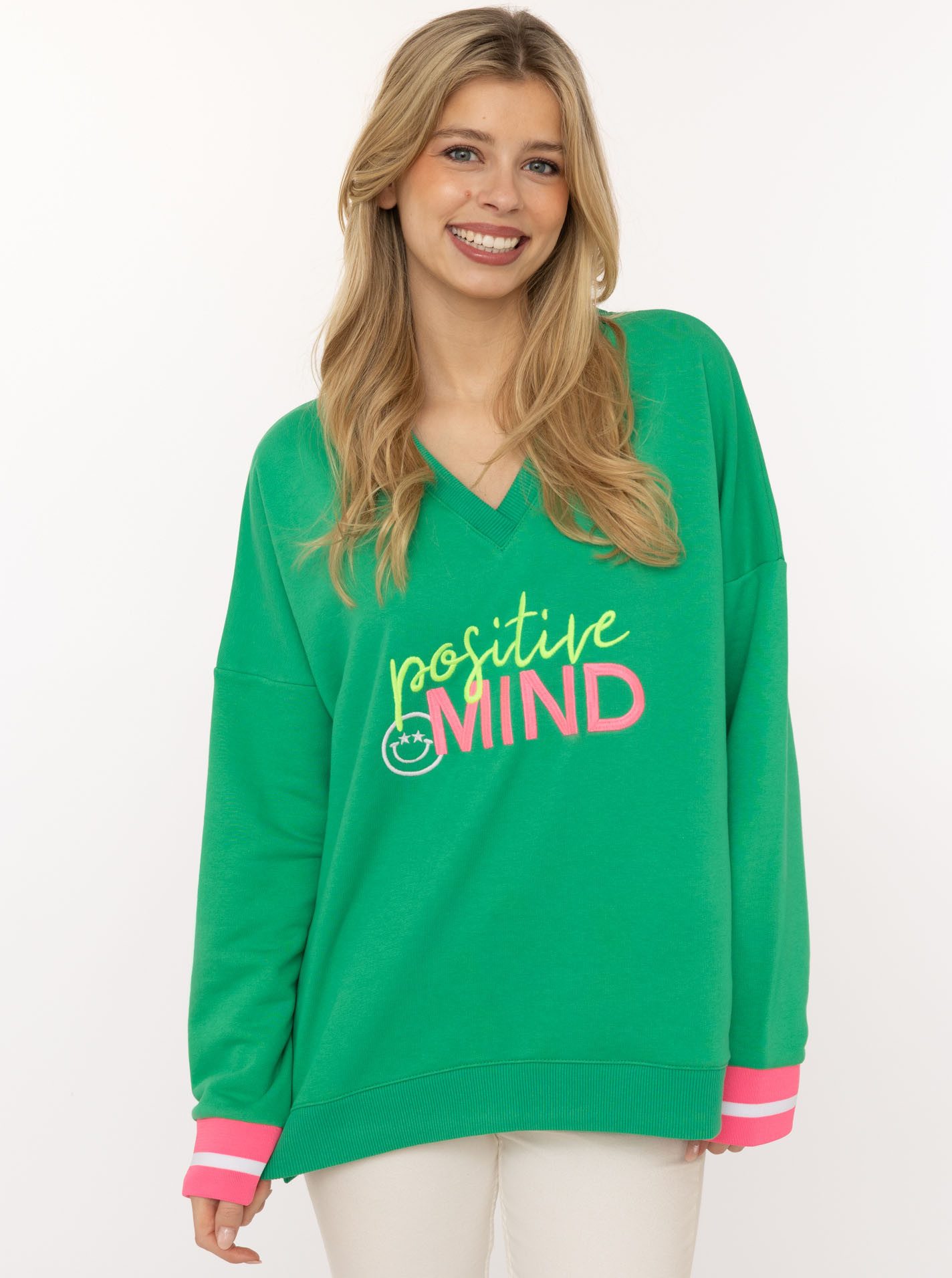 Zwillingsherz Hoodie "Positive Mind" neonfarbenen Bündchen, V-Ausschnitt, S günstig online kaufen