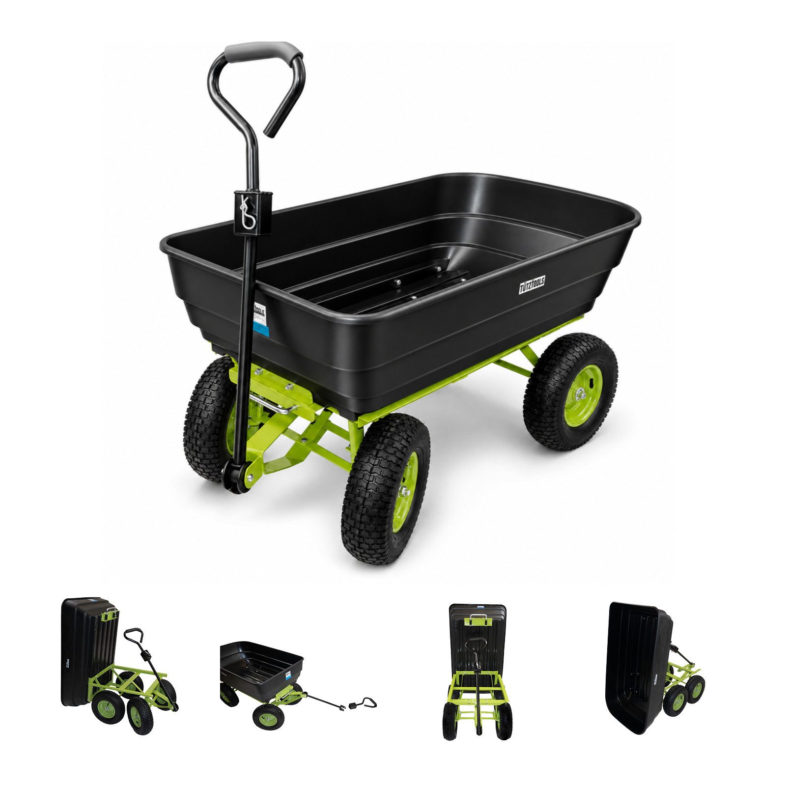 TRUTZHOLM Bollerwagen Gartenwagen mit Kippfunktion 400kg 125 L mit Deichsel für Rasentraktor