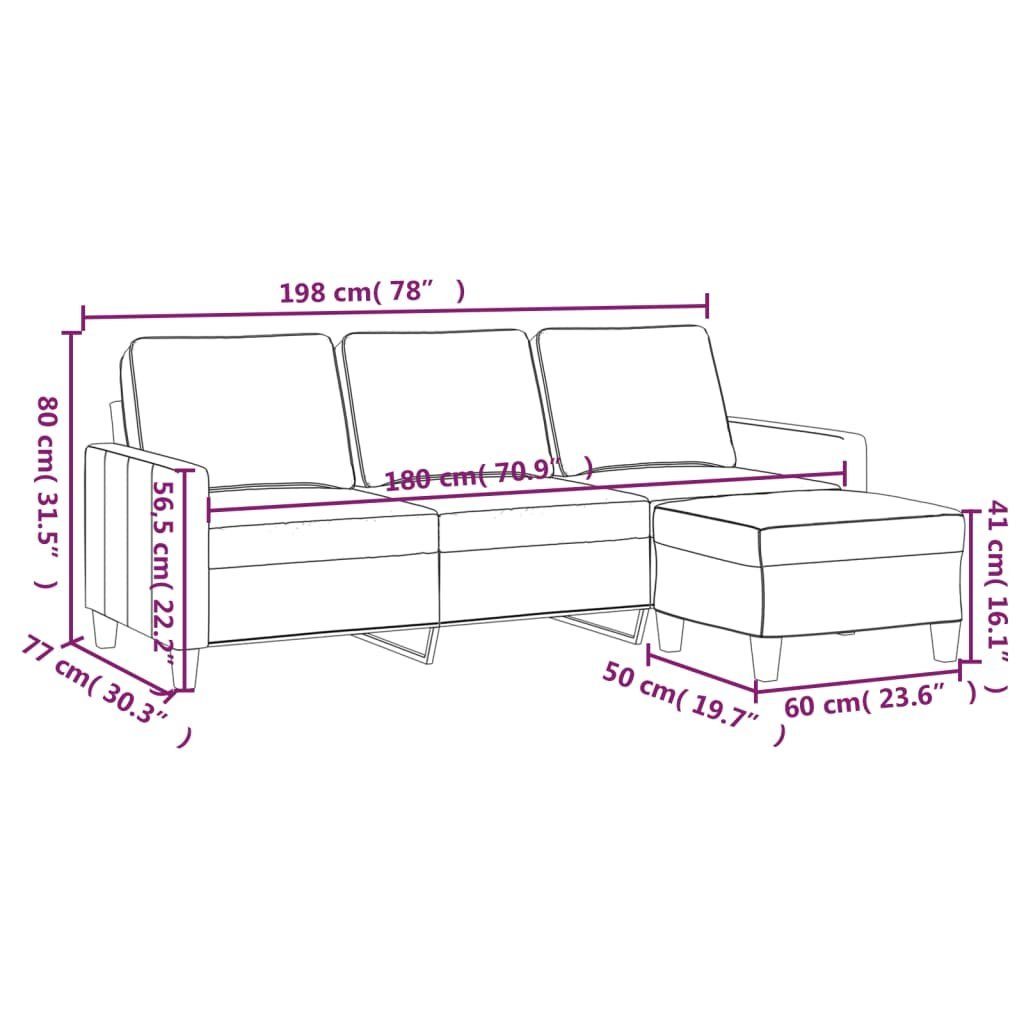 mit Hellgrau 180 Hocker Stoff 3-Sitzer-Sofa Sofa vidaXL cm