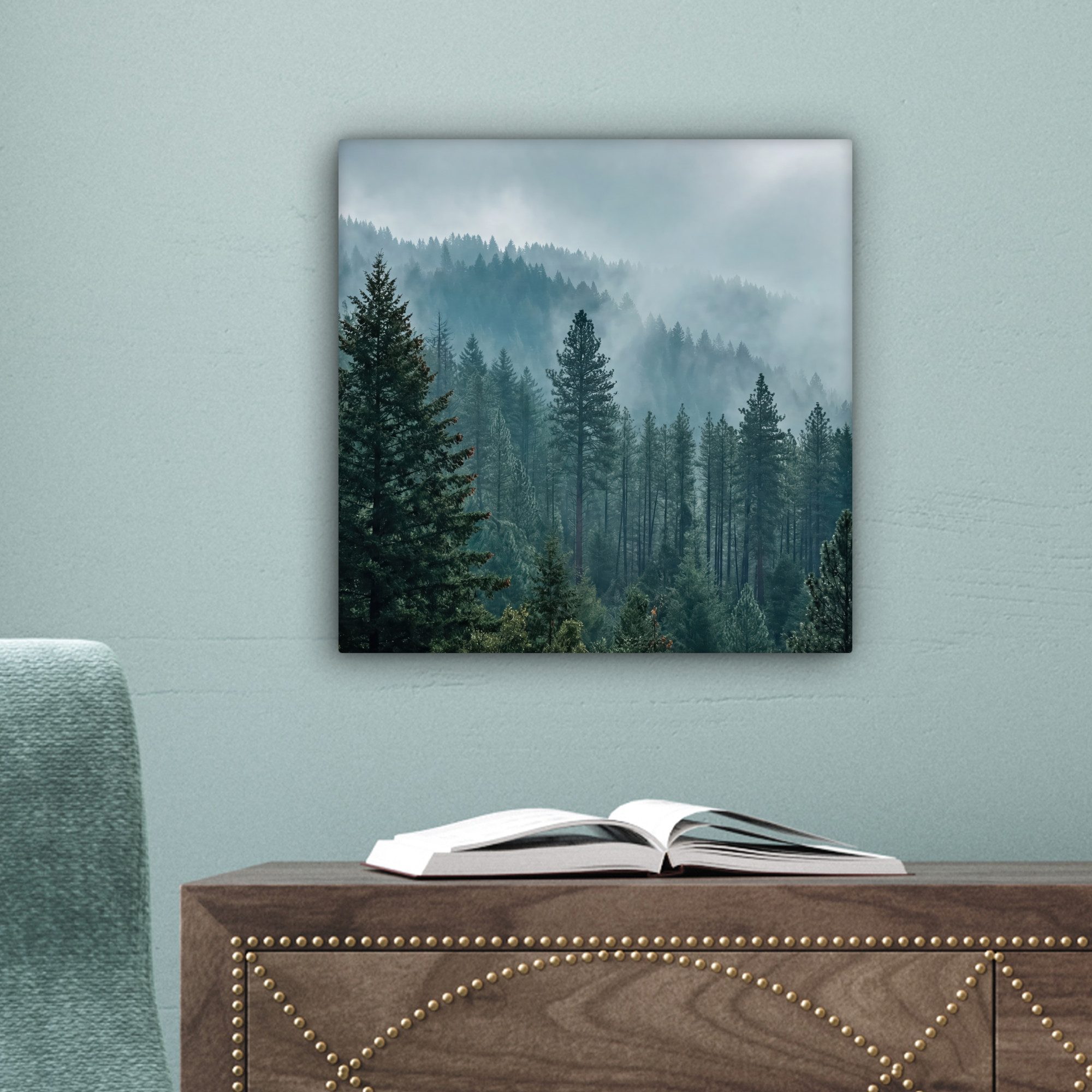 OneMillionCanvasses® Leinwandbild Nadelwald – Berge – Nebel, Fotodruck (1 St), Leinwand Bilder Klein, Wand Dekoration Aesthetic 30x20 cm – Bild 4 von 5