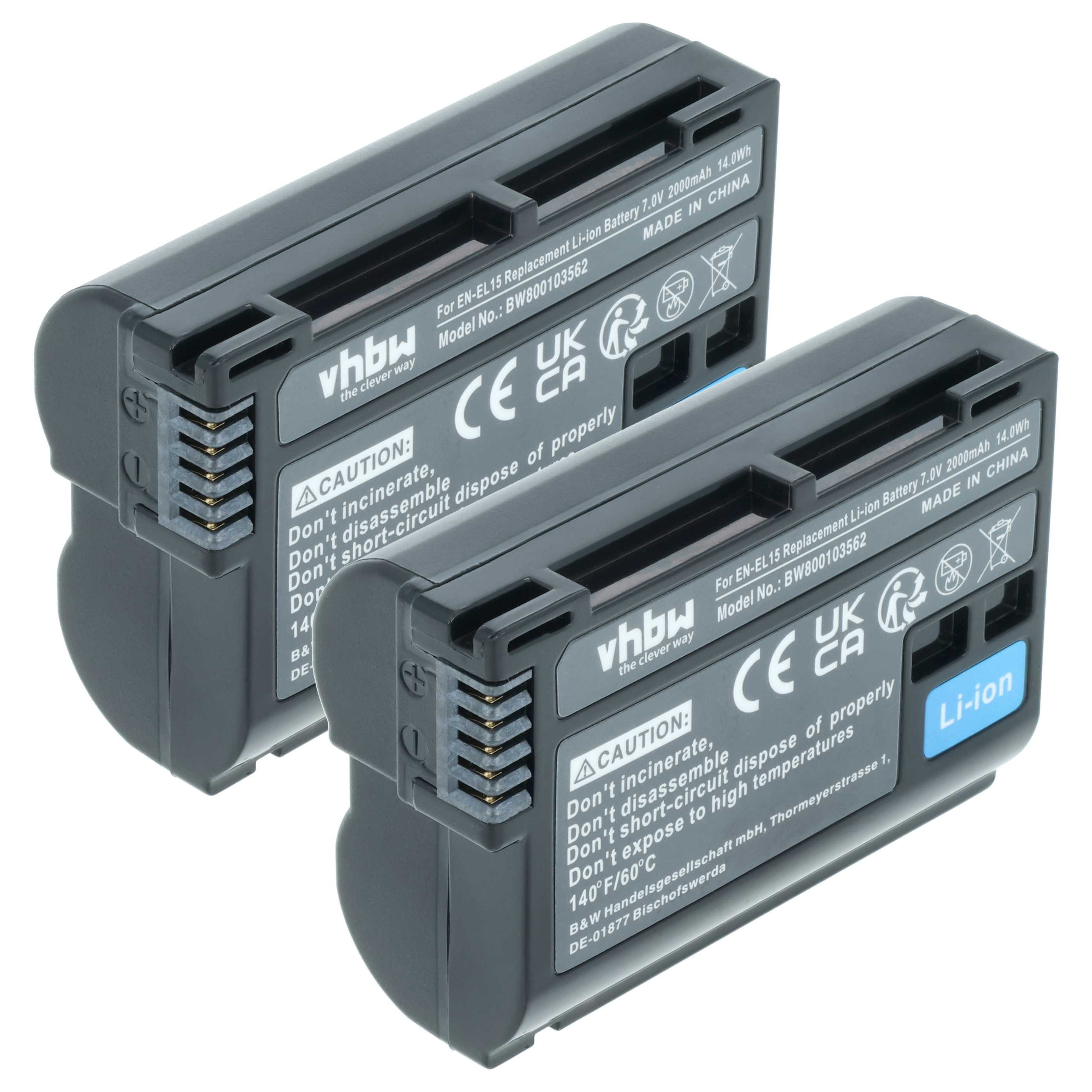 vhbw Akku Ersatz für Nikon EN-EL15, EN-EL15b, EN-EL15A, EN-EL15c für Kamera-Akku Akku Li-Ion 2000 mAh (7 V, 2 St), Leistungsfähige Austausch-Akkus für Digitalkamera, Spiegelreflexkamera