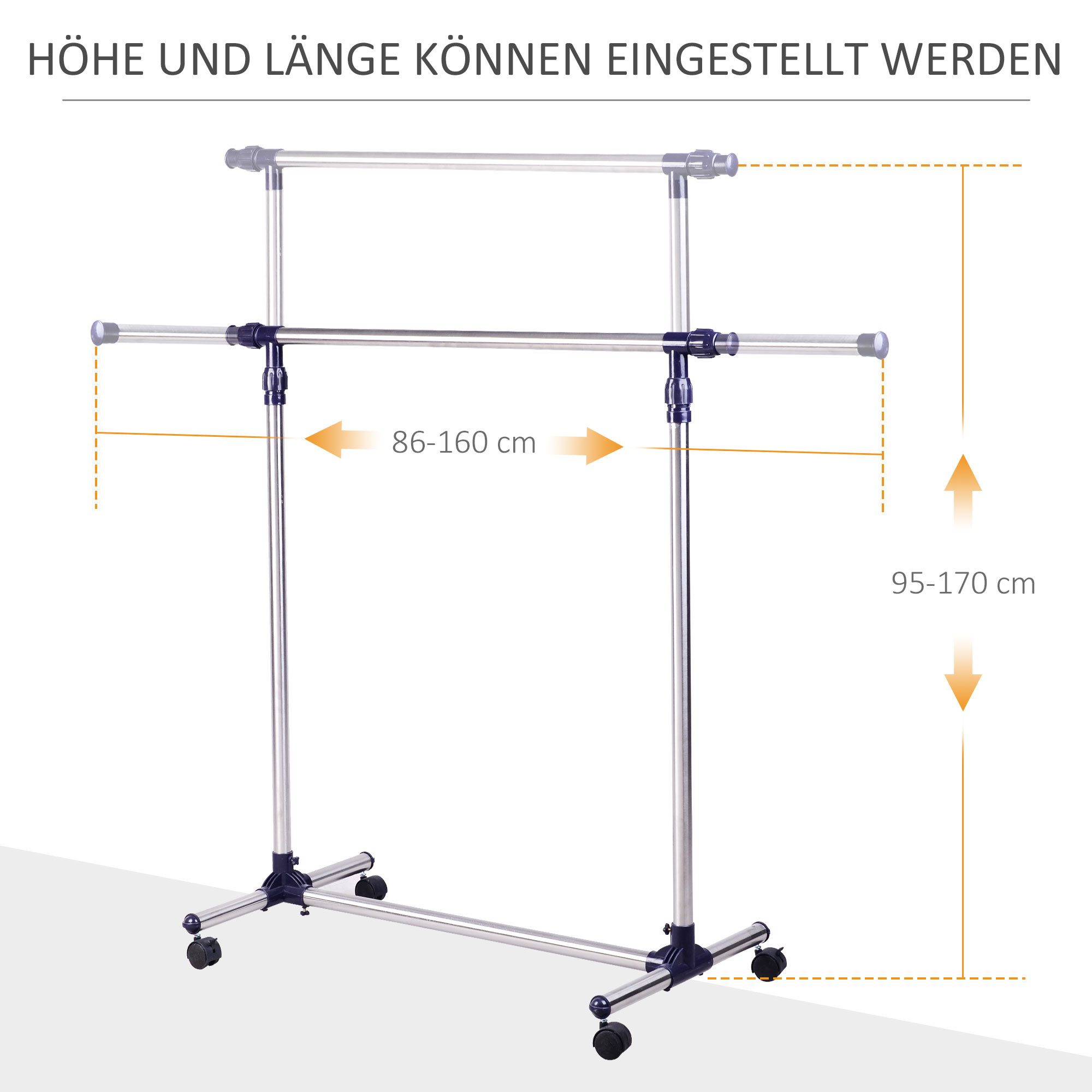 HOMCOM Kleiderständer Wäscheständer Garderobe für Eingangsbereich Edelstahl, (Set, 1 St., Kleiderständer), Garderobenständer mit Rollen Höhenverstellbare Kleide – Bild 4 von 5