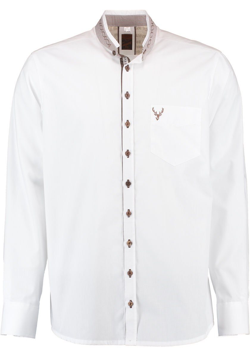 Moschen-Bayern Trachtenhemd Trachtenhemd Herren SLIM FIT Stehkragen Hirsch Langarm Weiß-Braun