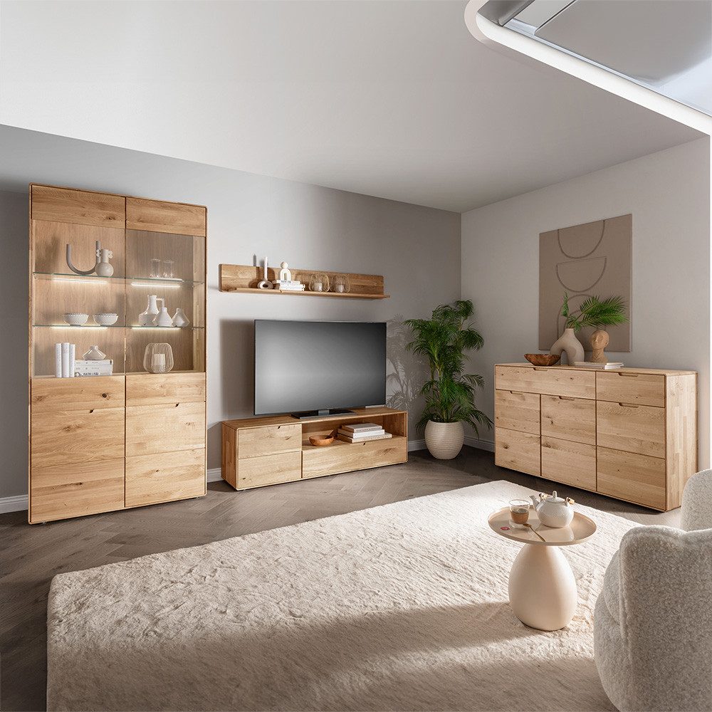 Lomadox Wohnzimmer-Set WISLA-69, (Mega-Spar-Set, 4-St., Lowboard Wandregal Vitrinenschrank Kommode), Eiche massiv, LED Beleuchtung, Griffeinfräsung, Softclose, montiert