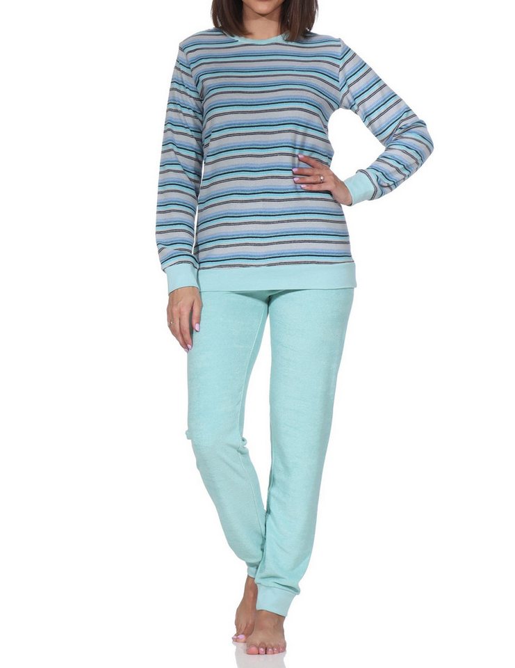 Normann Pyjama Damen Frottee Schlafanzug mit Bündchen in elegantem Streifendesign