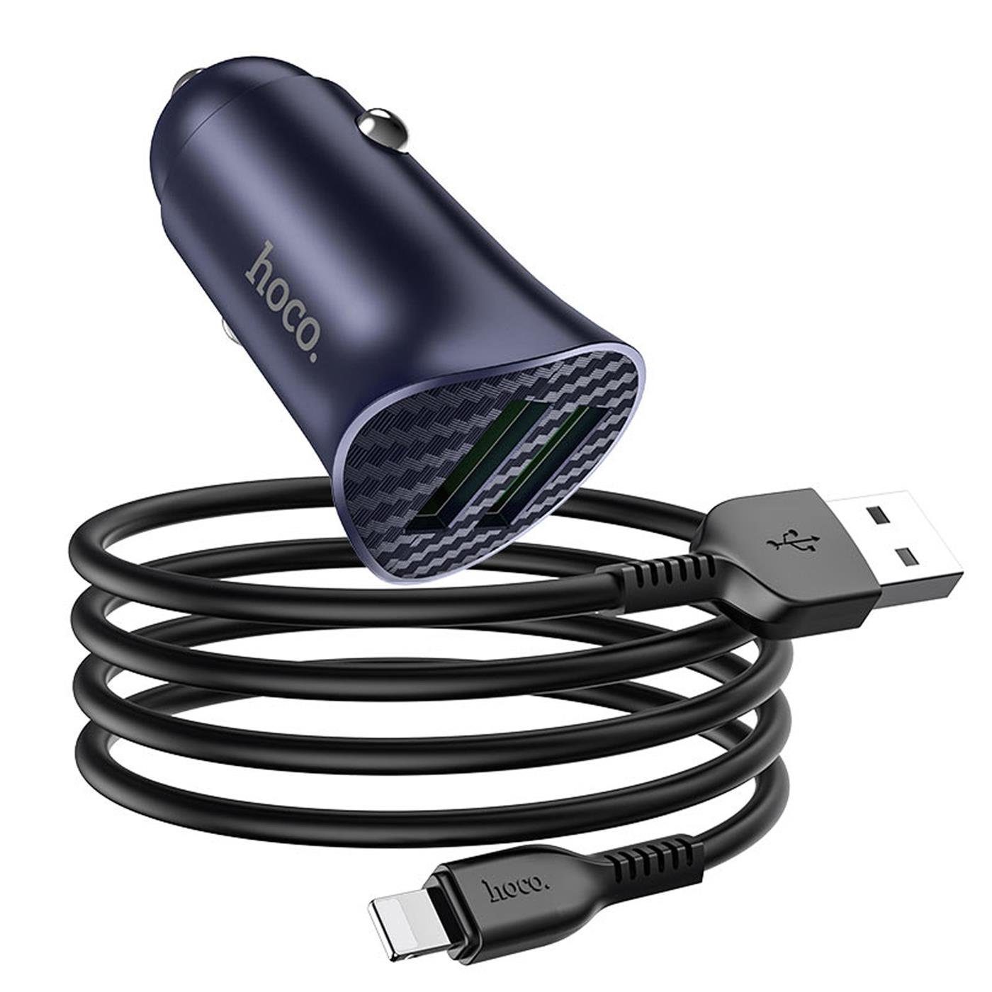 HOCO 18W 2x USB Typ A und Lightning Smartphone-Ladegerät (3000 mA, KFZ Dual  USB Lade Stecker Zigarettenanzünder Charger Lightning Kabel)