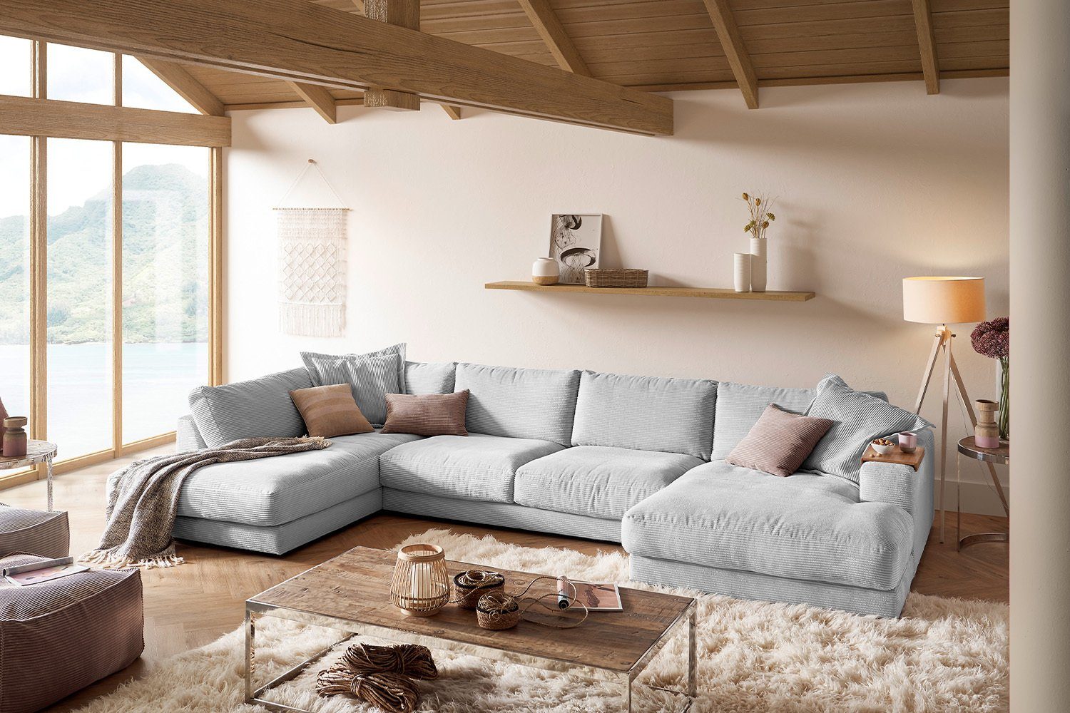 KAWOLA Wohnlandschaft MADELINE, Sofa U-Form Cord, Longchair rechts od. links, versch. Farben hellgrau