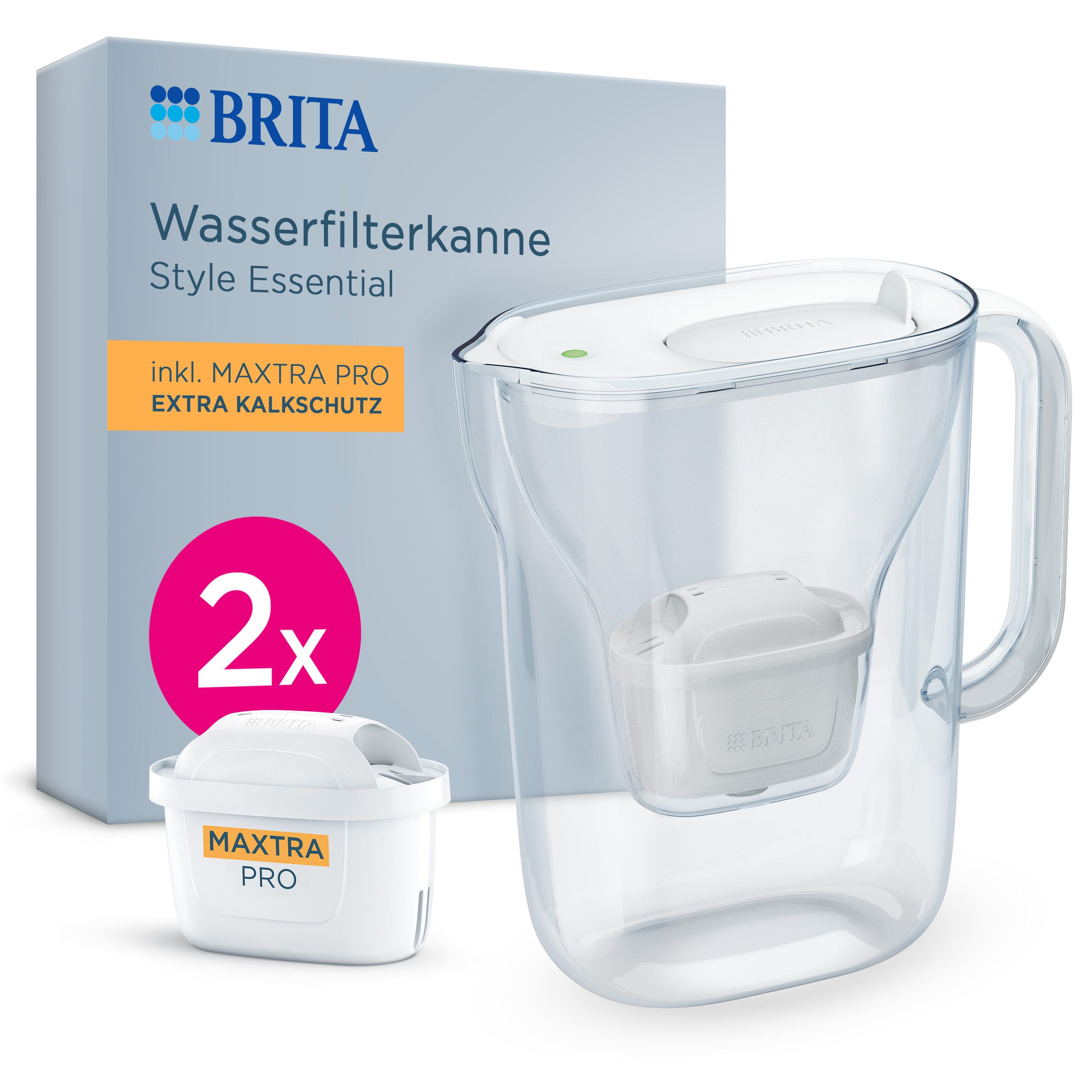 BRITA Wasserfilter Kanne Style Essential weiß inkl. 2x BRITA MAXTRA PRO Extra Kalkschutz, Kühlschrankgeeignete Filterkanne (2,4l) filtert Verunreinigungen etc