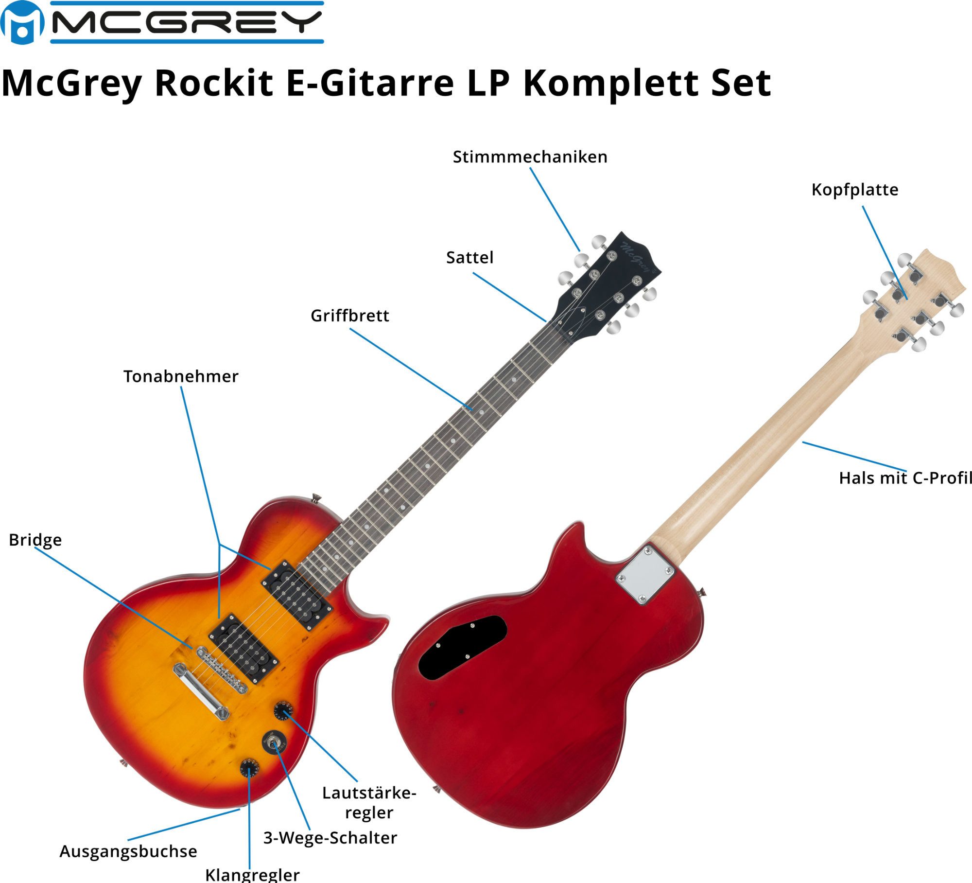 McGrey E-Gitarre Rockit elektrische Gitarre, Single Cut, Komplettset 4/4, 8-St., inkl. Verstärker, Tasche, Stimmgerät, Plektren, Gurt und Kabel, 10 Watt (RMS) Gitarrenverstärker inklusive!