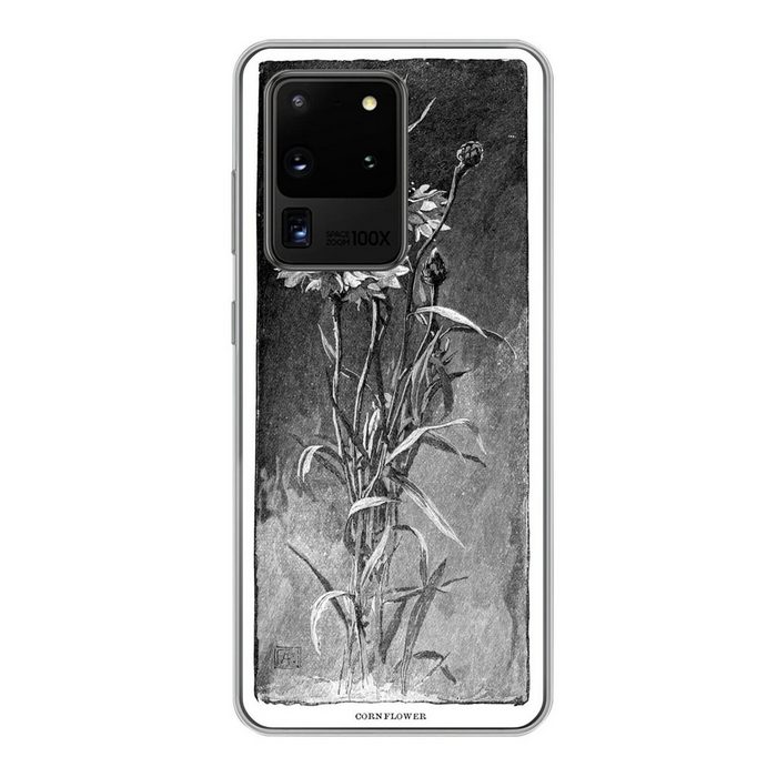 MuchoWow Handyhülle Eine schwarz-weiße Illustration einer Kornblume Phone Case Handyhülle Samsung Galaxy S20 Ultra Silikon Schutzhülle