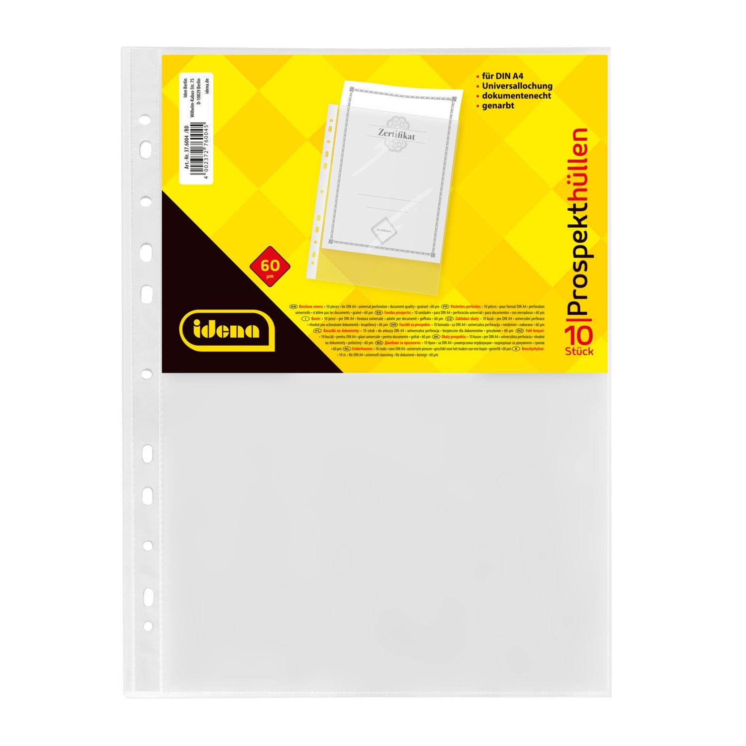 Idena Prospekthülle Idena 376004 - Prospekthülle DIN A4 Format, genarbt, 60µ, 10 Stück