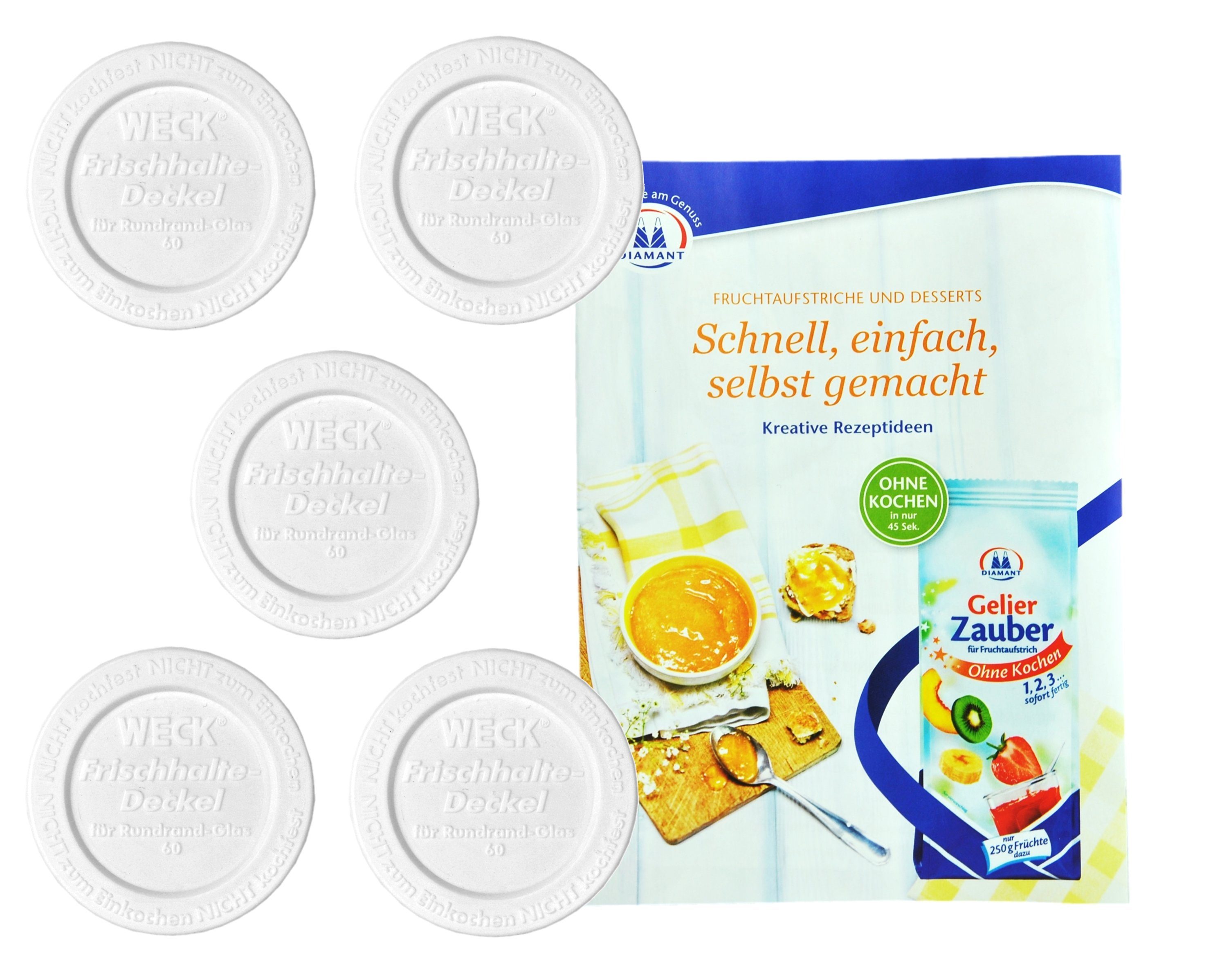 MamboCat Einmachglas 5er Set Weck Frischhaltedeckel 60mm incl. Gelierzauber Rezeptheft, Kunststoff