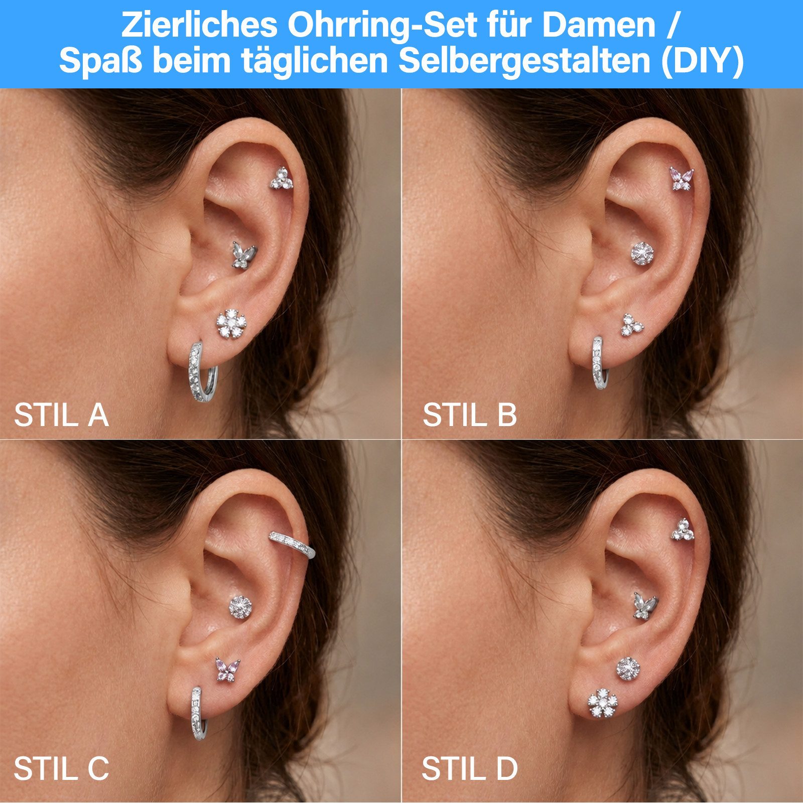 MOPUEA Ohrring-Set 4 Paar Schmetterling Ohrring Set Ohrstecker Creolen Vielseitig (Ohrring Set mit Ohrsteckern und Creolen im Schmetterlingsstil, 4 Paar Ohrring – Bild 5 von 5