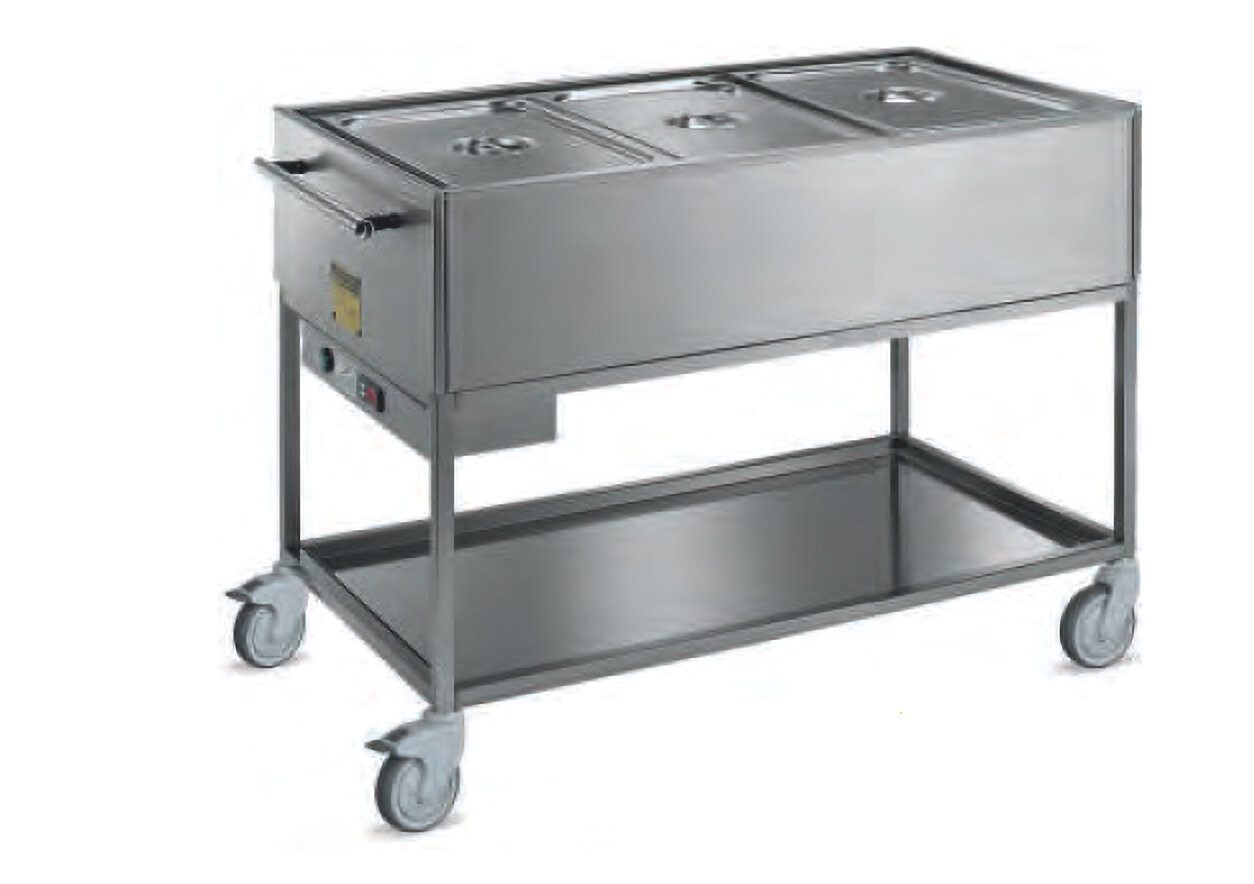 GastroHero Speisenwärmer Bain-Marie Wagen 3x GN 1/1, mobil, Edelstahl, Doppelwandige Wanne, 4 Rollen mit Bremse