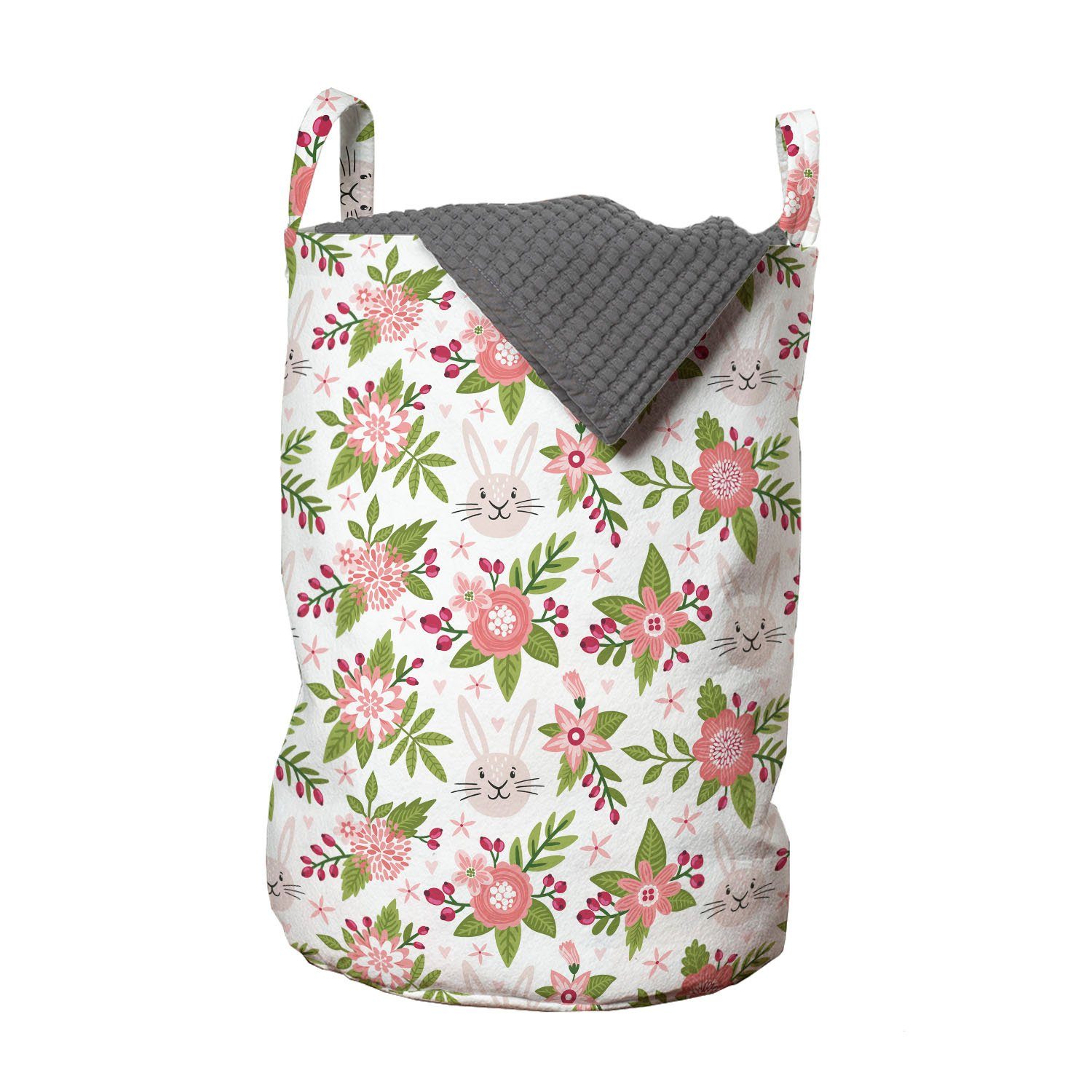 Abakuhaus Wäschesäckchen Wäschekorb mit Griffen Kordelzugverschluss für Waschsalons, Blumen Blumen und Hasen Muster