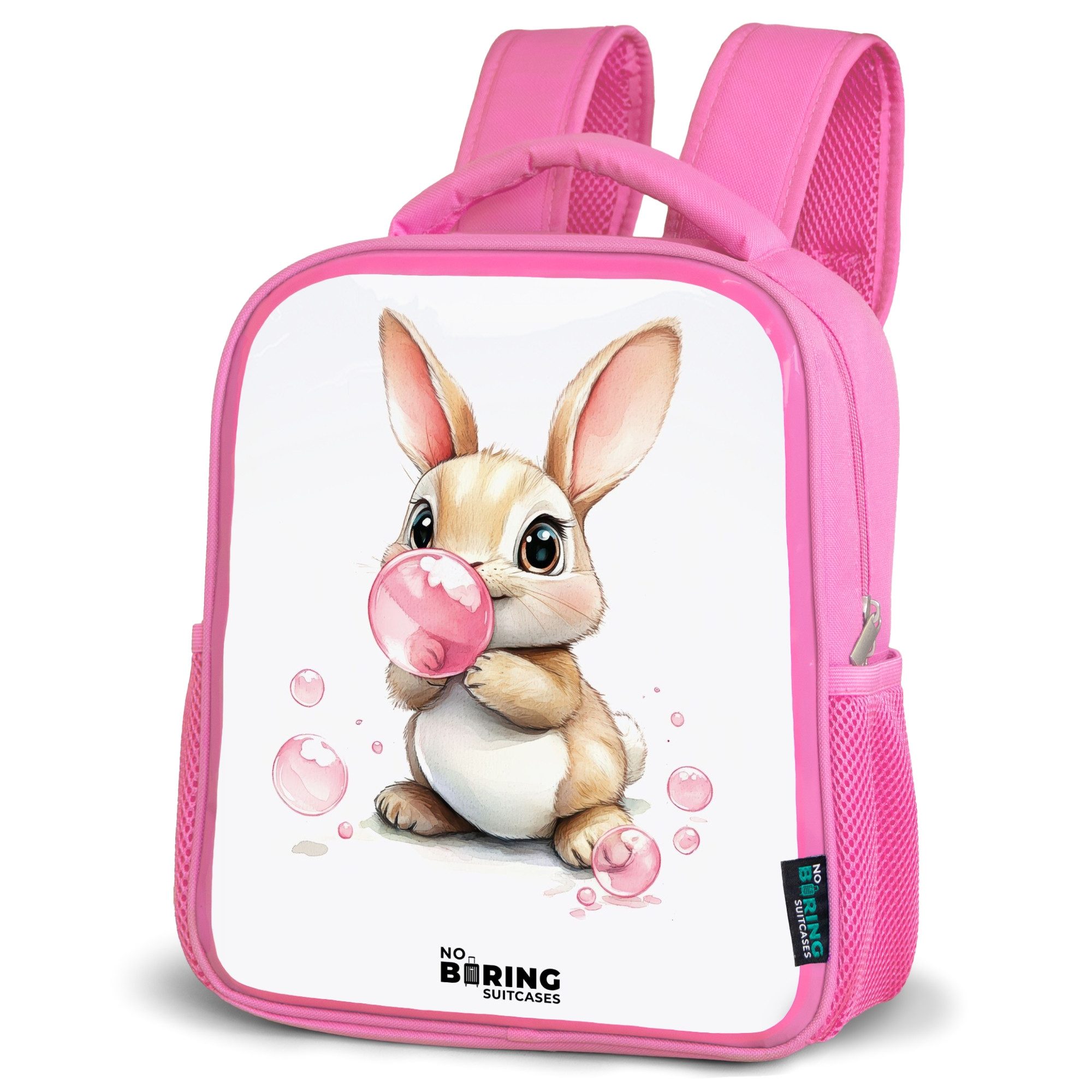 NoBoringSuitcases.com© Rucksack Brauner Hase mit rosa Blasen, Kinderrucksack, Schulrucksack, Freizeitrucksack, Mädchen, Kindergarten