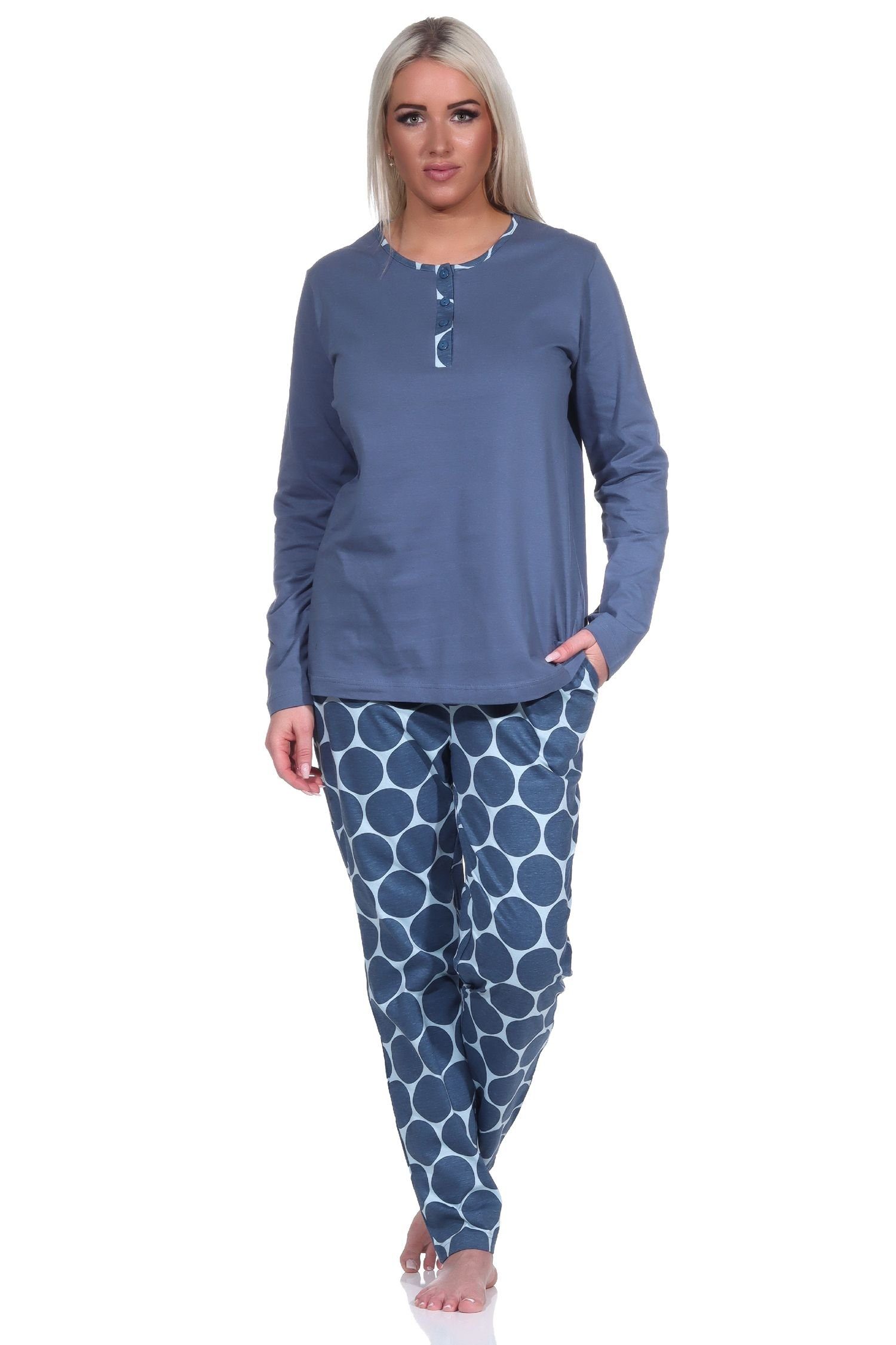 Normann Pyjama Damen Schlafanzug langarm mit Pyjama Hose in Tupfen / Punkte Optik marine