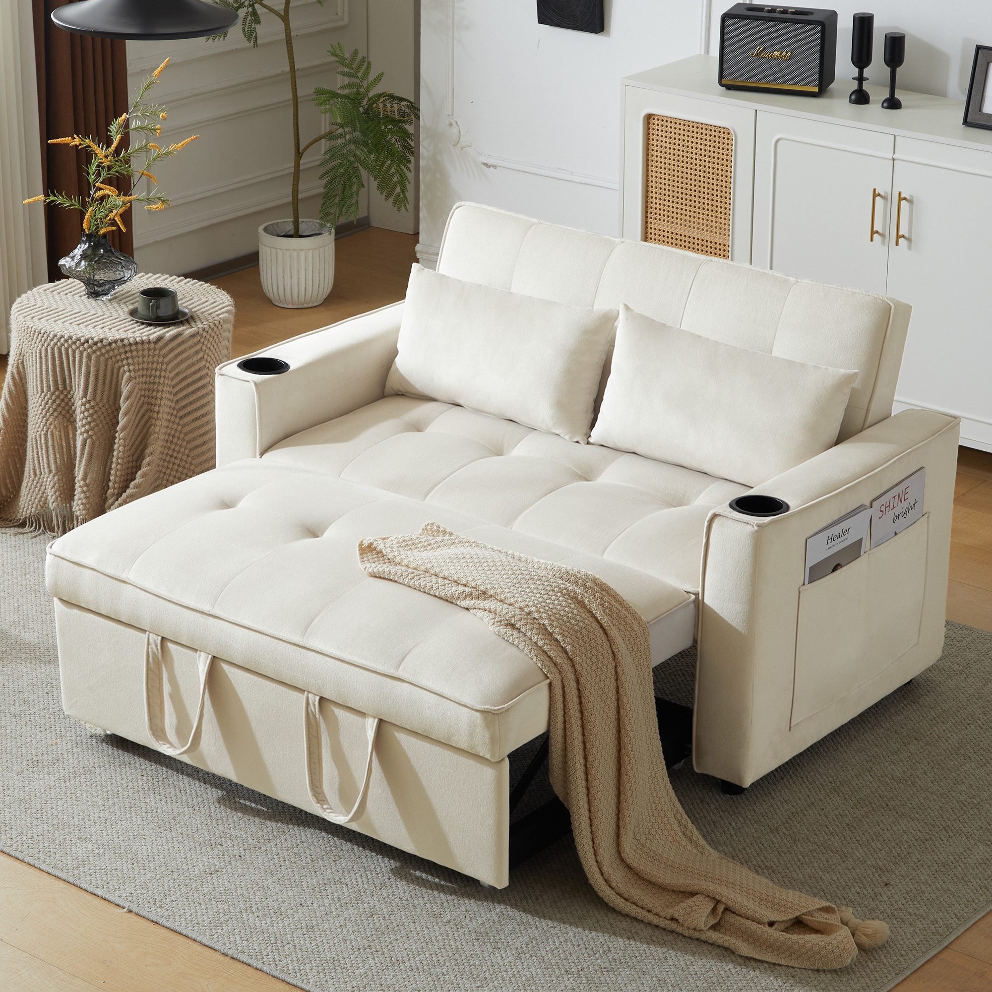 BlingBin Schlafsofa 3-IN-1 Klappbares Multifunktionssofa mit Schlaffunktion, 137x76x83 cm, Tragfähigkeit: 150kg/Sitz, Ausziehbar Doppelsofa, Verstellbarer Rückenlehne 1 Teile, Schlafcouch mit Getränkehalter & Kissen für Wohnzimmer, Beige