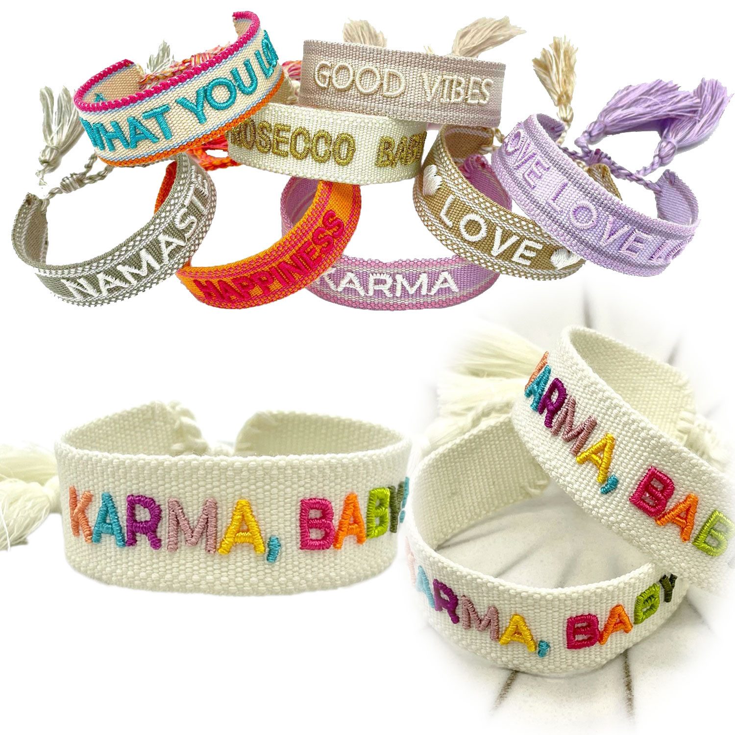 LS-LebenStil Armband Canvas Statement Armband Karma Baby Multi Bunt Quasten bestickt (Baumwollarmband Webarmband Armbandliebe Freundschaftsarmband Freundschaftsband Partnerarmband, 1-tlg., textil geflochten gewebt - hochwertiger gestickter Spruch), perfekt als Serviettenring – personalisiert auch für Hochzeiten usw
