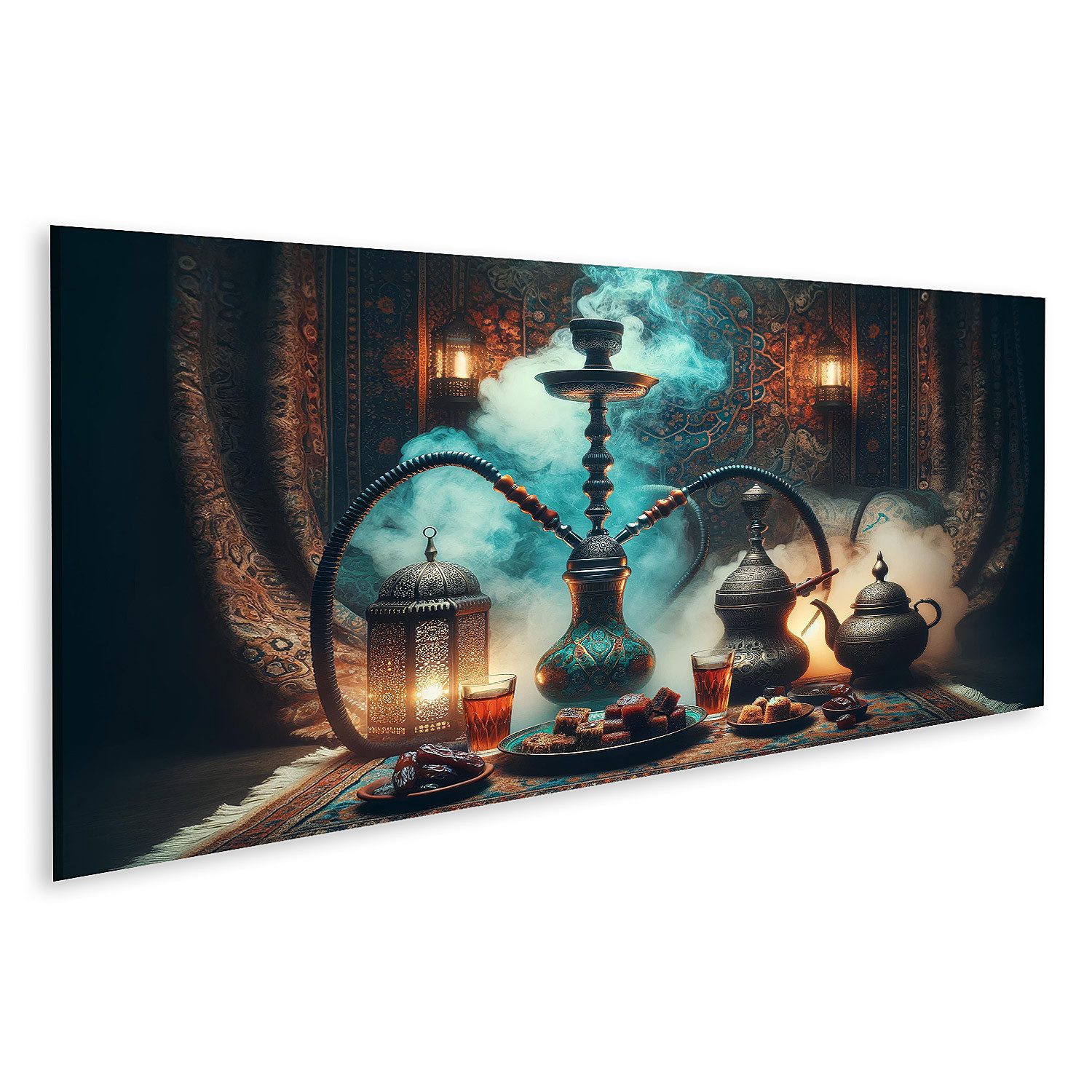 Leinwandbild Orientalische Wasserpfeife mit Tee und Gebäck für Shisha Lounge Bar