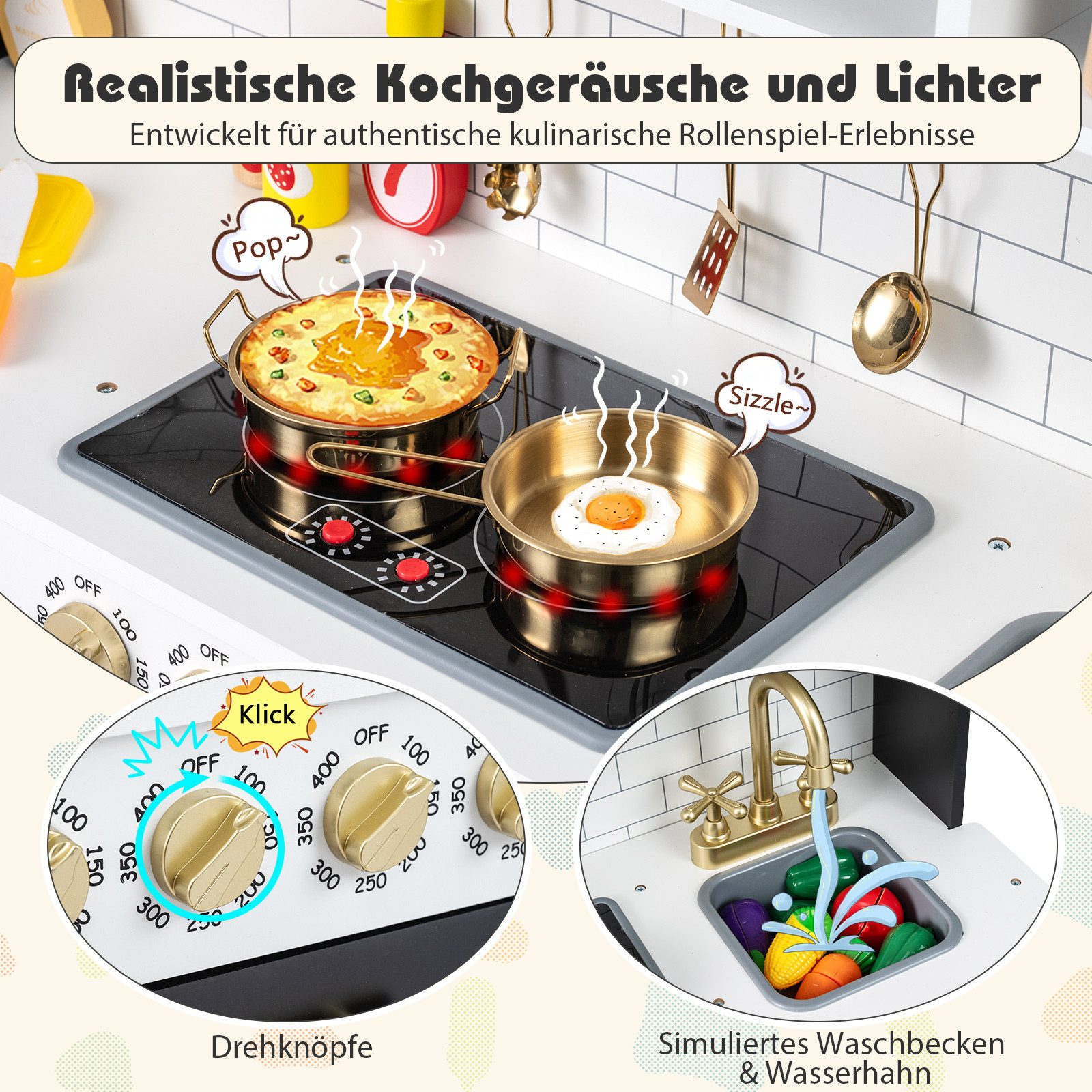 COSTWAY Spielküche MDF, Mit Herd, Spüle, Eismaschine, Mikrowelle, Geschirrspüler