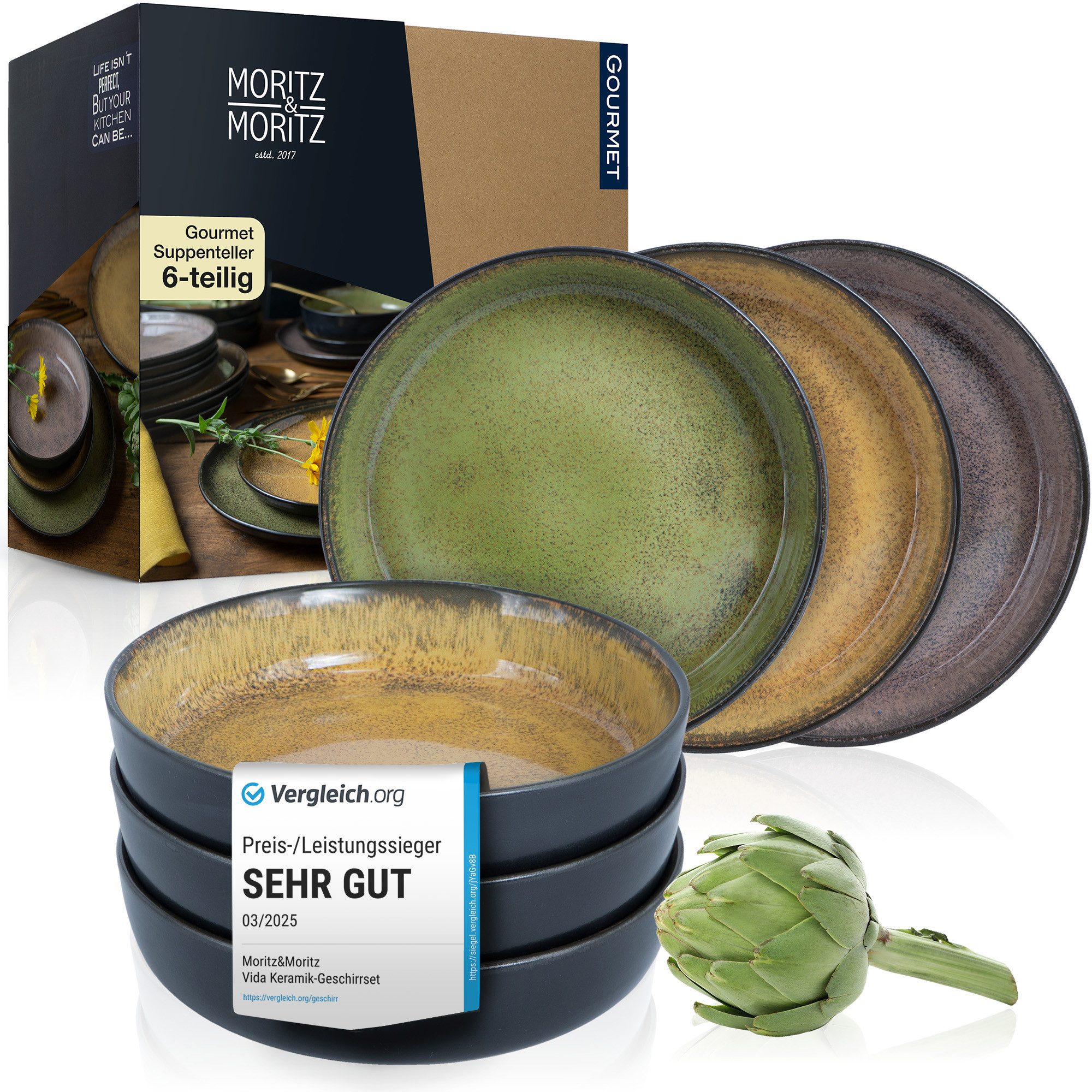 Moritz & Moritz Geschirr-Set VIDA Suppenteller für 6 Personen Vintage (6-tlg), 6 Personen, Porzellan, Geschirrset für 6 Personen