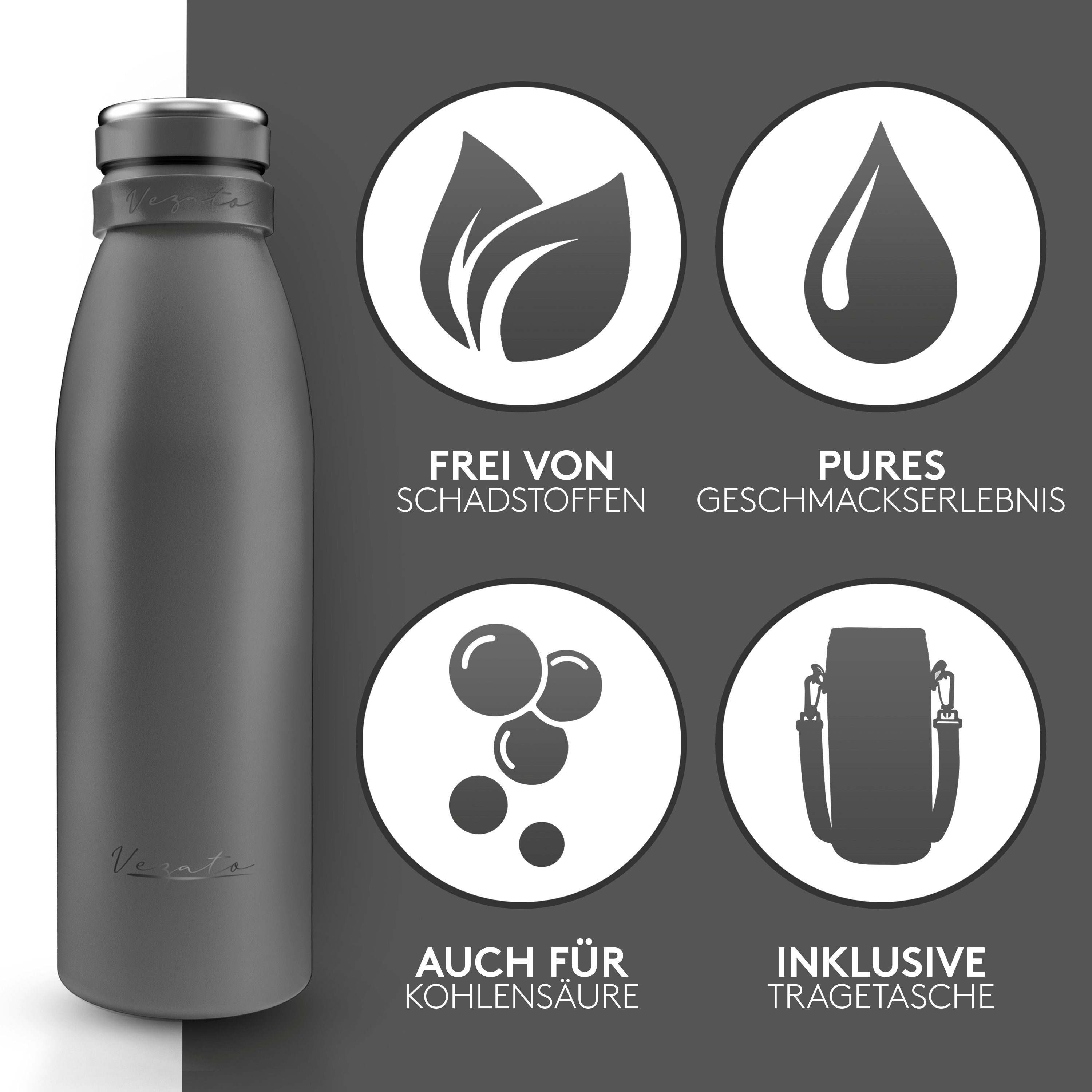 Vezato Isolierflasche Trinkflasche Edelstahl - BPA-freie Thermo Trinkflasche 500-1000ml, mit Tragegurt - auslaufsichere Thermosflasche spülmaschinenfest
