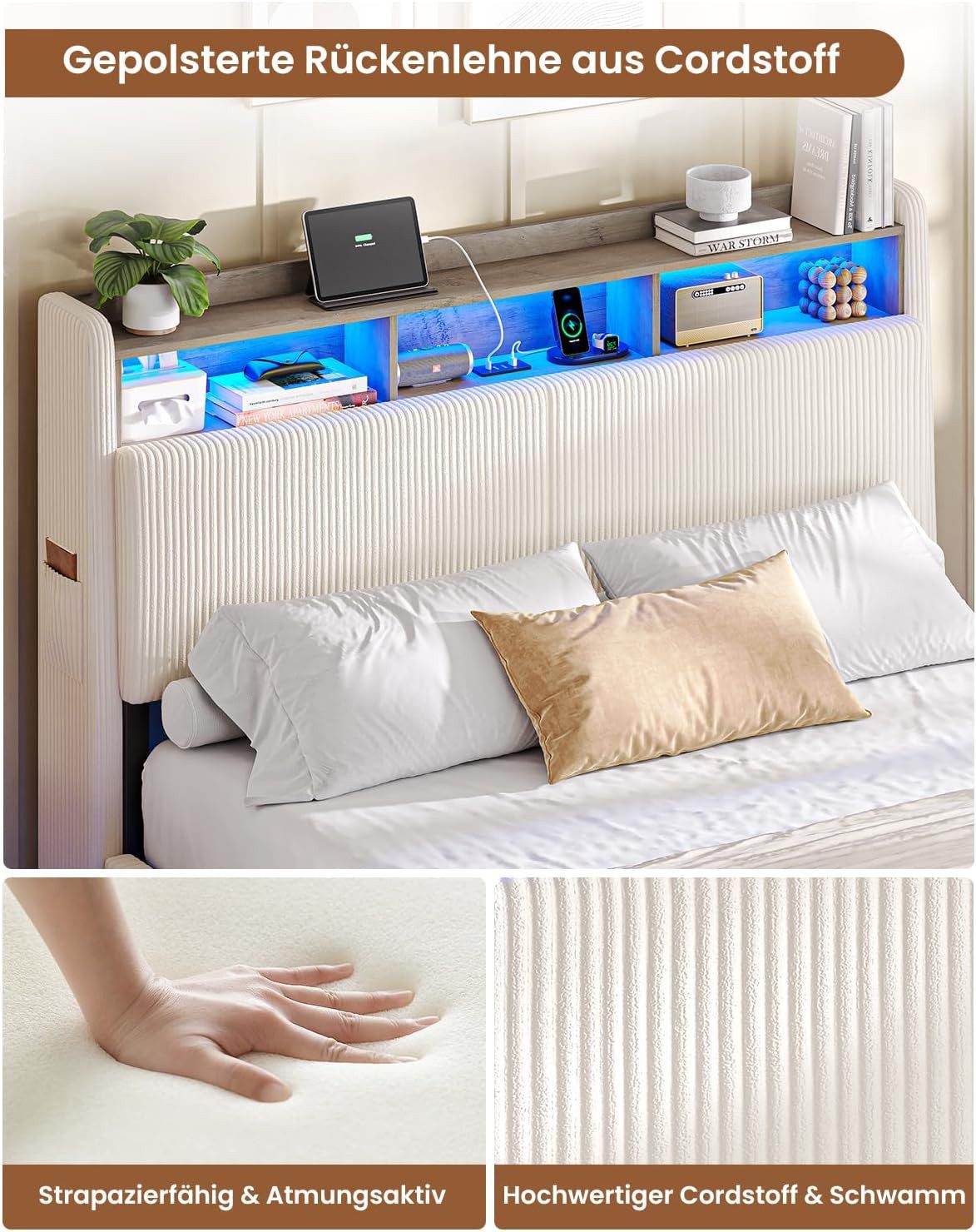 MSMASK Polsterbett Schwebebett mit 270°-LED-Beleuchtung, USB & Type-C Ladestation (Ohne Matratze), Doppelbett mit Stauraum-Kopfteil 140x200 cm – Bild 5 von 5