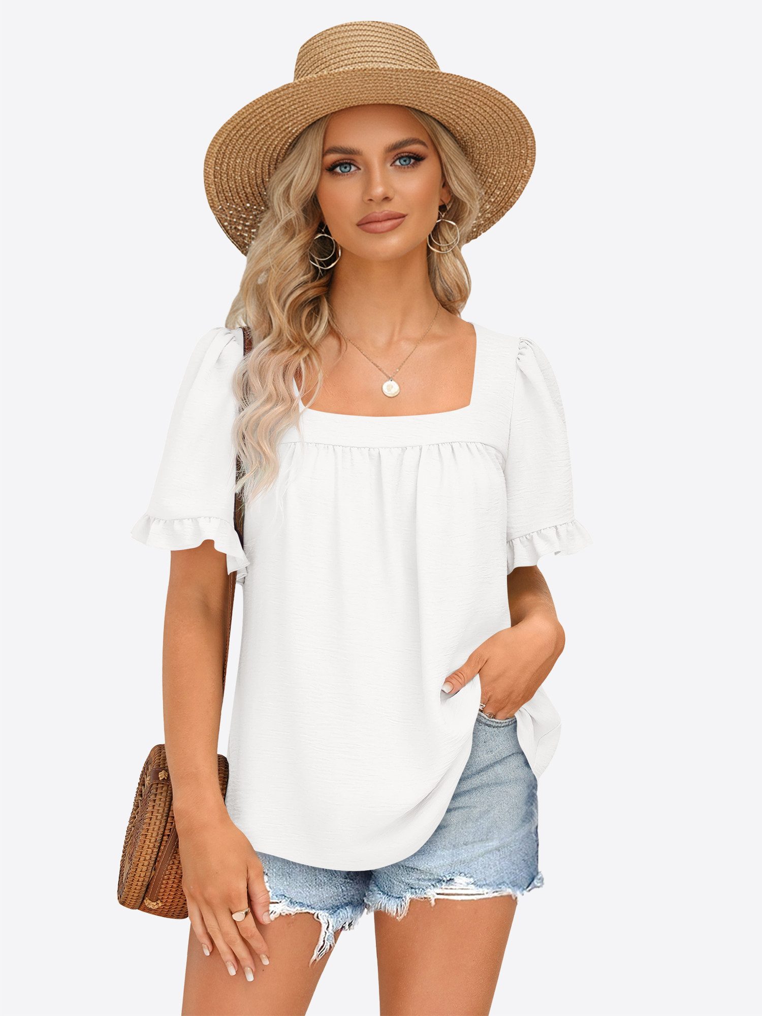 T-Shirt Damen Sommer Kurzarm Quadratausschnitt Puffärmeln Rüschen Casual