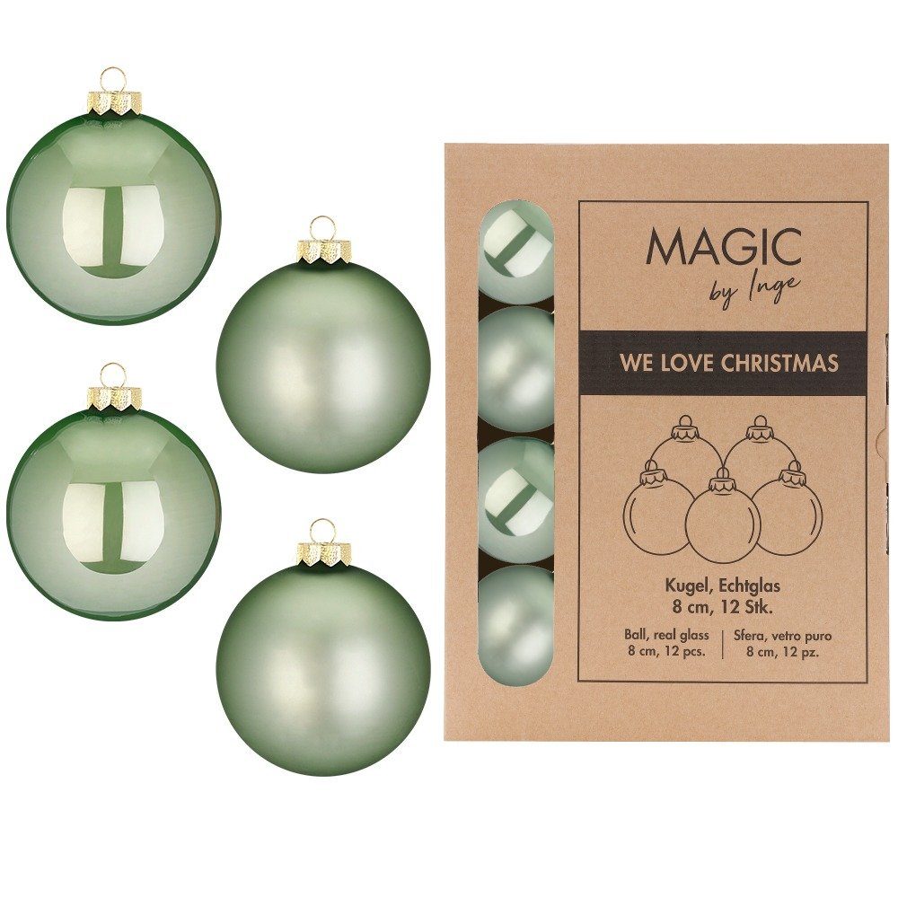 MAGIC by Inge Weihnachtsbaumkugel, Weihnachtskugeln Glas 8cm 12 Stück -  Mild Sage