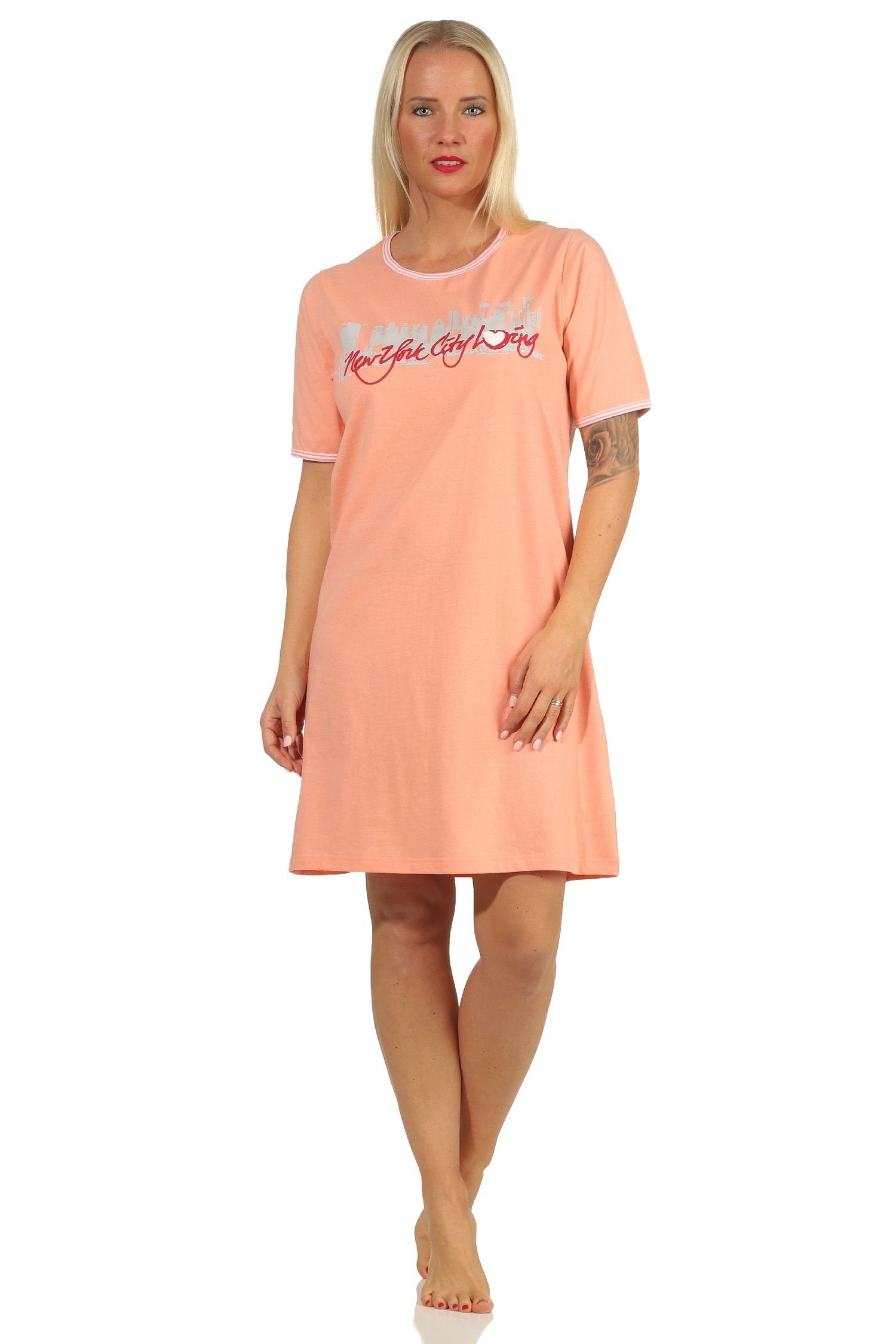 Normann Nachthemd Damen Nachthemd kurzarm mit Front-Print "New York City Loving" apricot