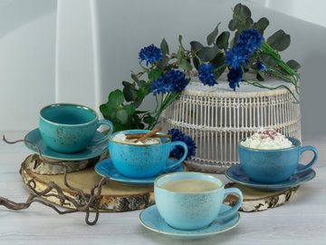 CreaTable Cappuccinotasse Kaffeetasse NATURE COLLECTION Aqua, Steinzeug, Tassen Set, aktuelle Blautöne mit Sprenkel, 4 Tassen, 4 Untertassen