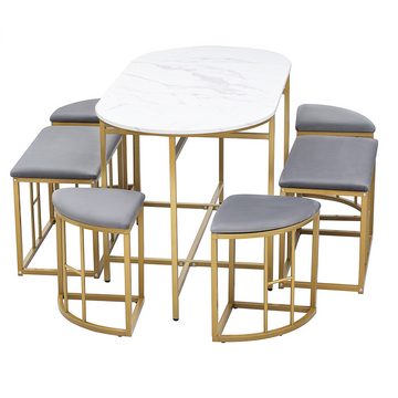 MODFU Essgruppe Esstisch mit 4 Stühlen, (7-tlg., 140*70*76cm, belastbar 120 kg), Küchen Esstisch Set ausStahlrahmen Moderner weißer und Gold