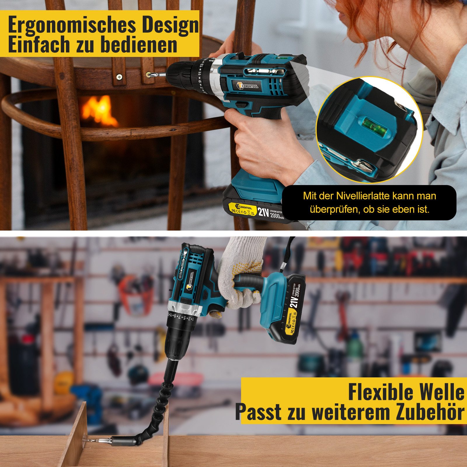 CONENTOOL Akku-Schrauber Akkuschrauber und Bohrschrauber, 1850 U/min, 45 Nm, (Set, 21V), mit 2 x 2000mAh Akkus & 30-tlg. Zubehörset