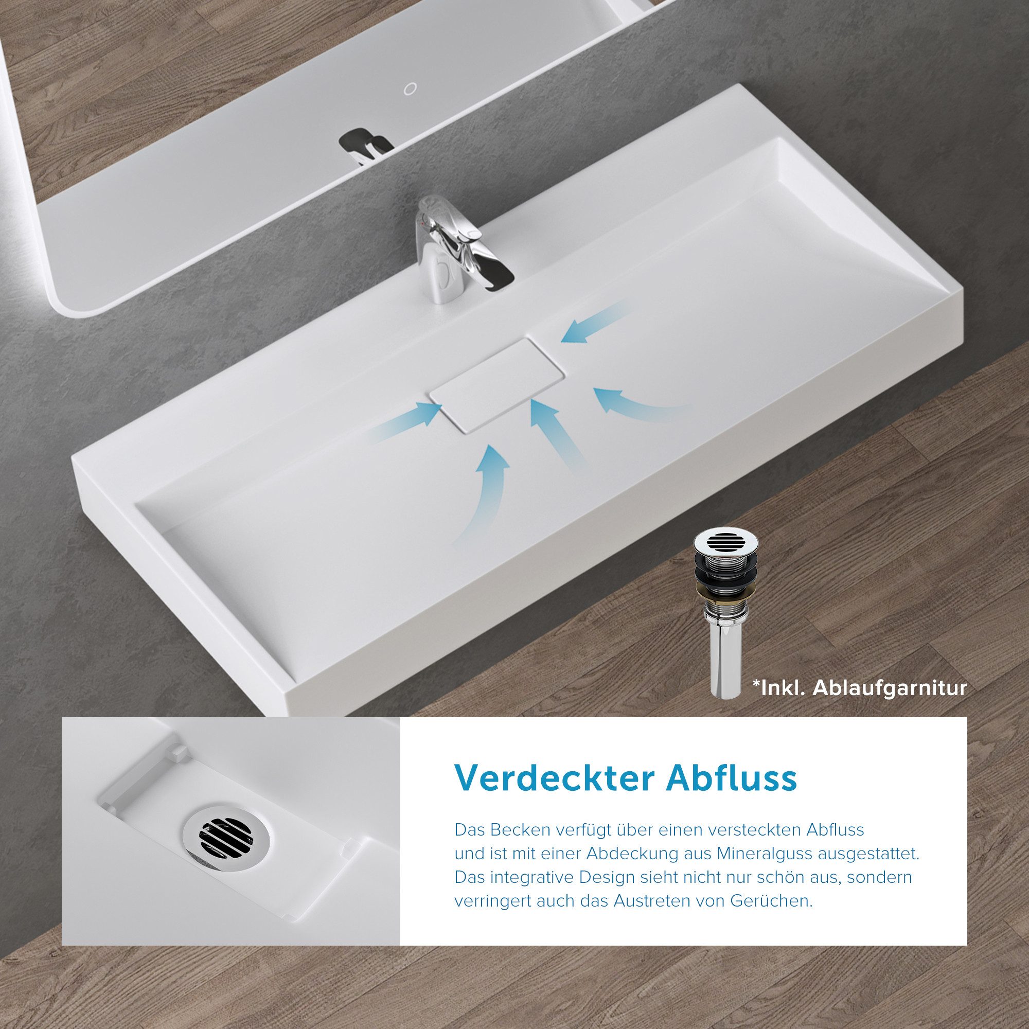 doporro Waschbecken Aufsatzwaschbecken mit Ablaufgarnitur Waschtisch Mineralguss Col19, mit Hahnlöcher, Integrierte Gefälle, Mineralguss aus einem Stück – Bild 4 von 5