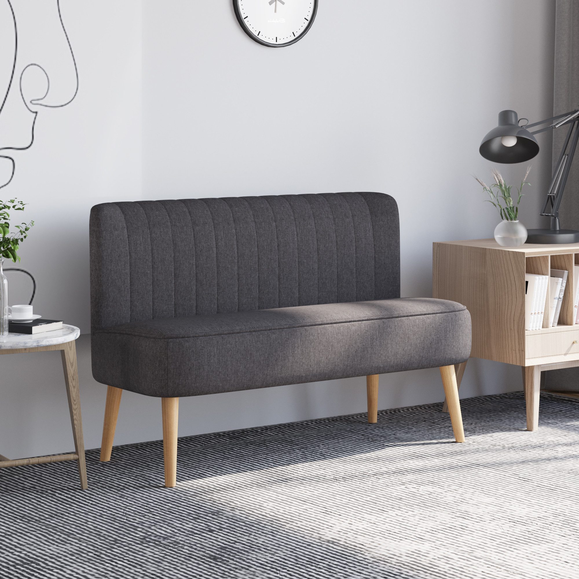 HOMCOM 2-Sitzer Sitzmöbel, Loungesofa, aus Holz, Samtartiges Polyster, Schaumstoff, Doppelsofa 1 Teile, für Wohnzimmer, Schlafzimmer, 117 x 56,5 x 77 cm, Dunkelgrau