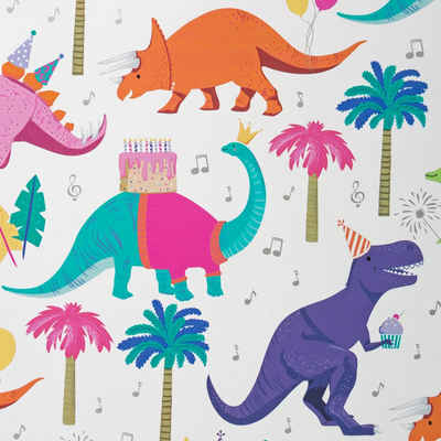 Star Geschenkpapier, Geschenkpapier Dinosaurier mit Partyhüten 70cm x 2m Rolle bunt