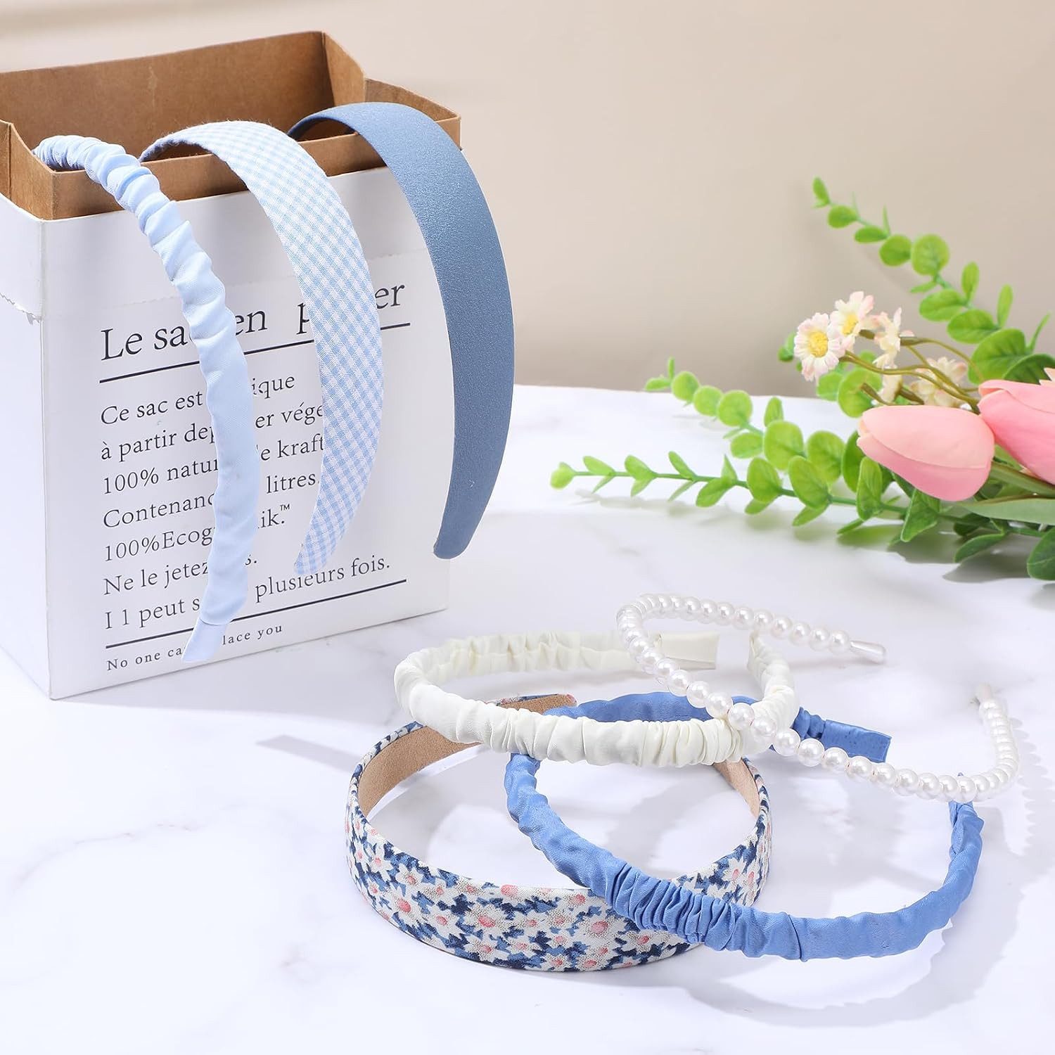 AFKSMILE Haarreif 7 Stück Haarreifen Set Damen, Verschiedene Modelle Perlen-Stirnband, Blumen-Stirnbänder, Gepolsterte Stirnbänder Vintage Haarschmuck