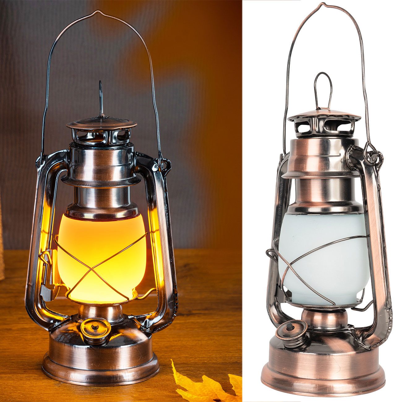Casativo LED Laterne Retro LED-Sturmlaterne 25cm mit Flammen-Optik Ø15 x H25 cm Batterie, LED fest integriert, Batteriebetrieb, Bronzelook, zum Aufhängen, Tragegriff&Ring