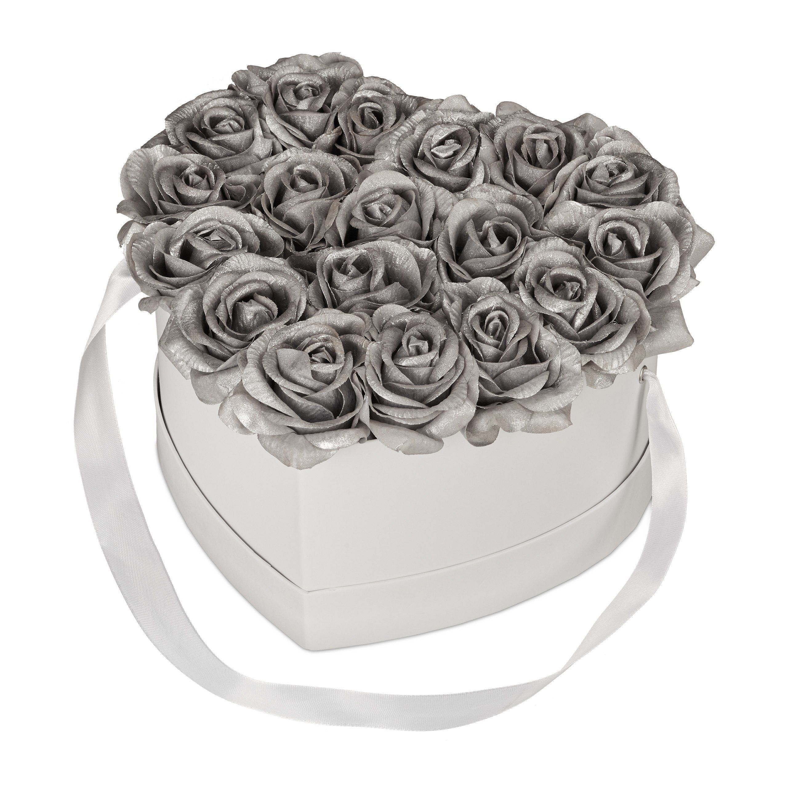 Gestecke Weiße Rosenbox mit 18 silbernen Rosen, relaxdays, Höhe 13 cm